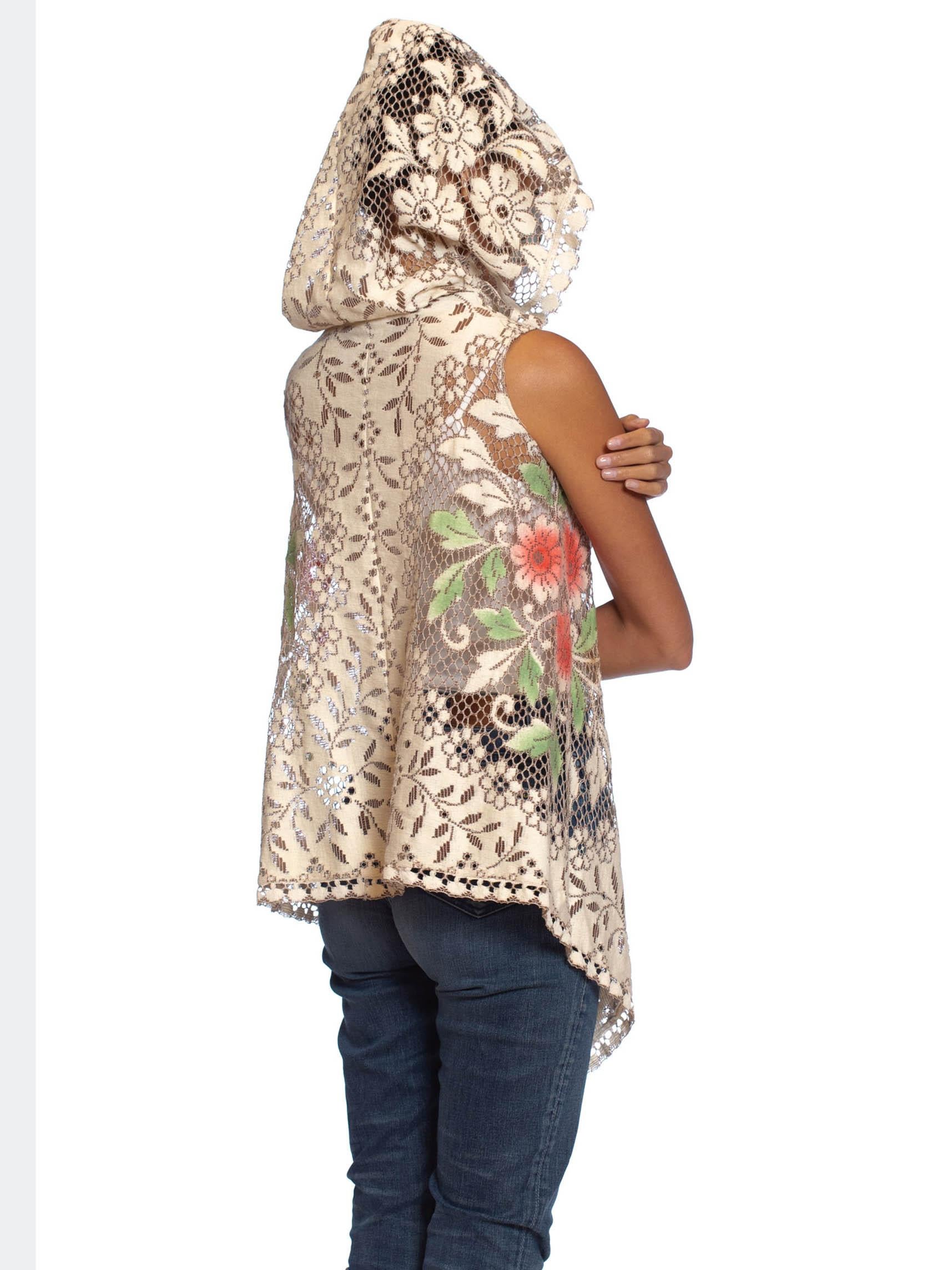 MORPHEW COLLECTION Ecru Cotton Lace Boho Hooded  Vest With Hand Painted Highlig For Sale 1