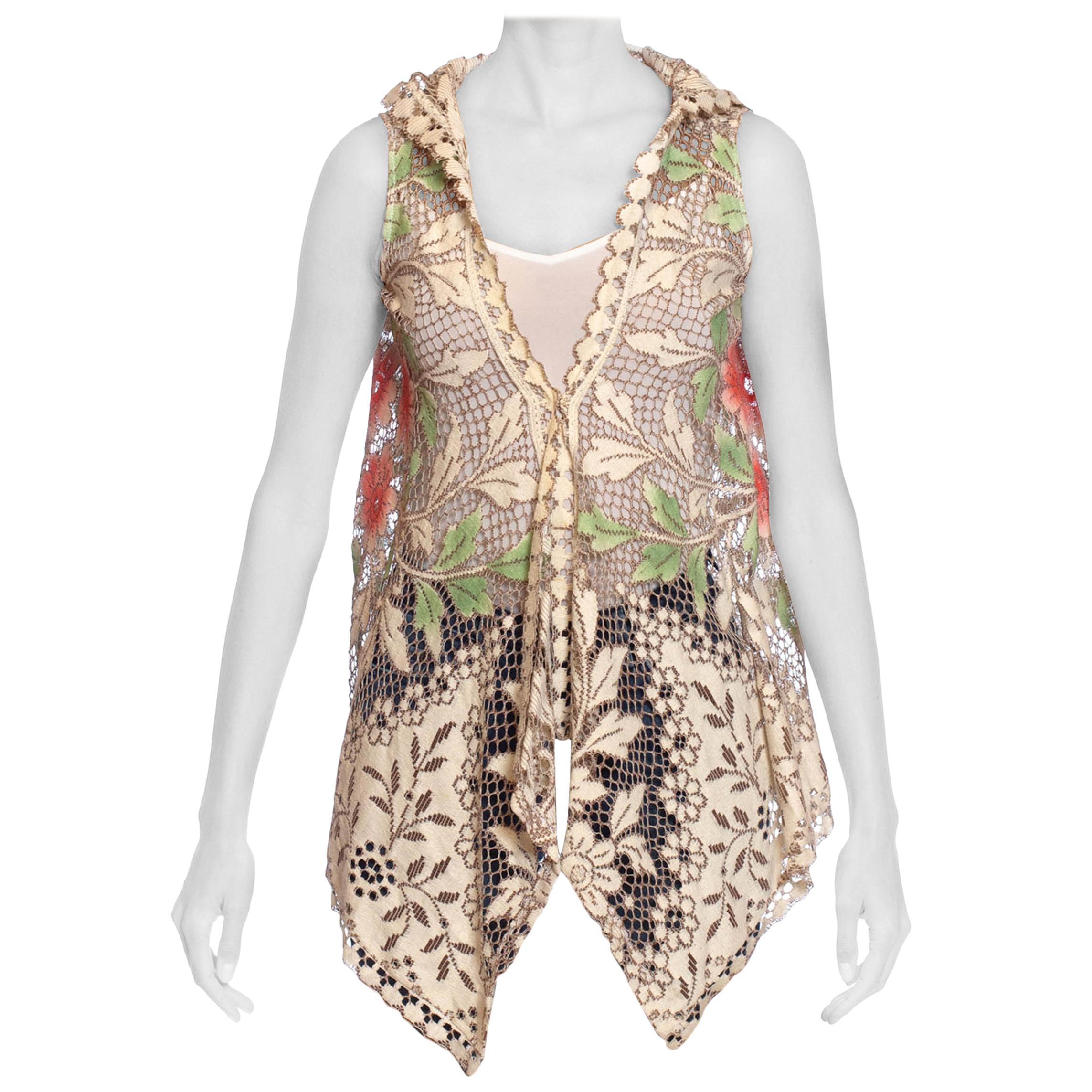 MORPHEW COLLECTION Ecru Cotton Lace Boho Hooded  Vest With Hand Painted Highlig For Sale