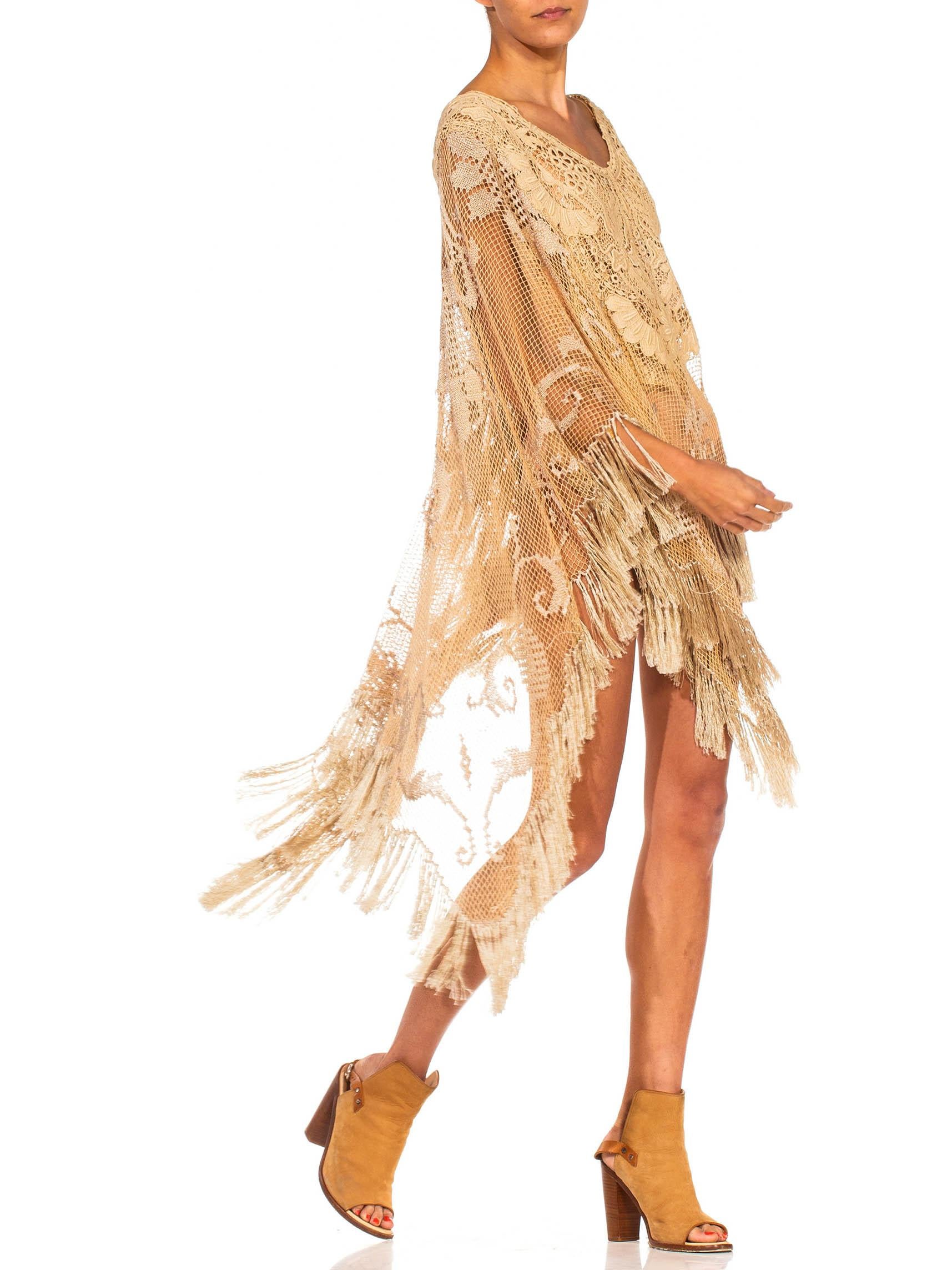 MORPHEW COLLECTION Ecru Edwardian Hand Made Cotton & Rayon Fringed Lace Kaftan  In Excellent Condition In New York, NY