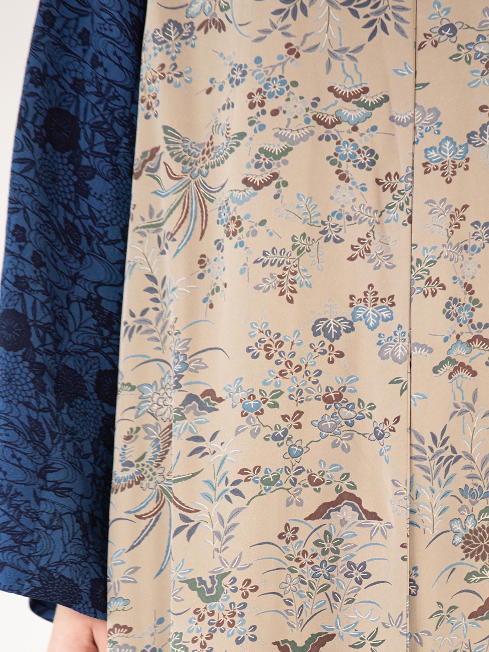 MORPHEW COLLECTION Ecru Japanese Kimono Silk Royal Blue Sleeves Duster For Sale 5