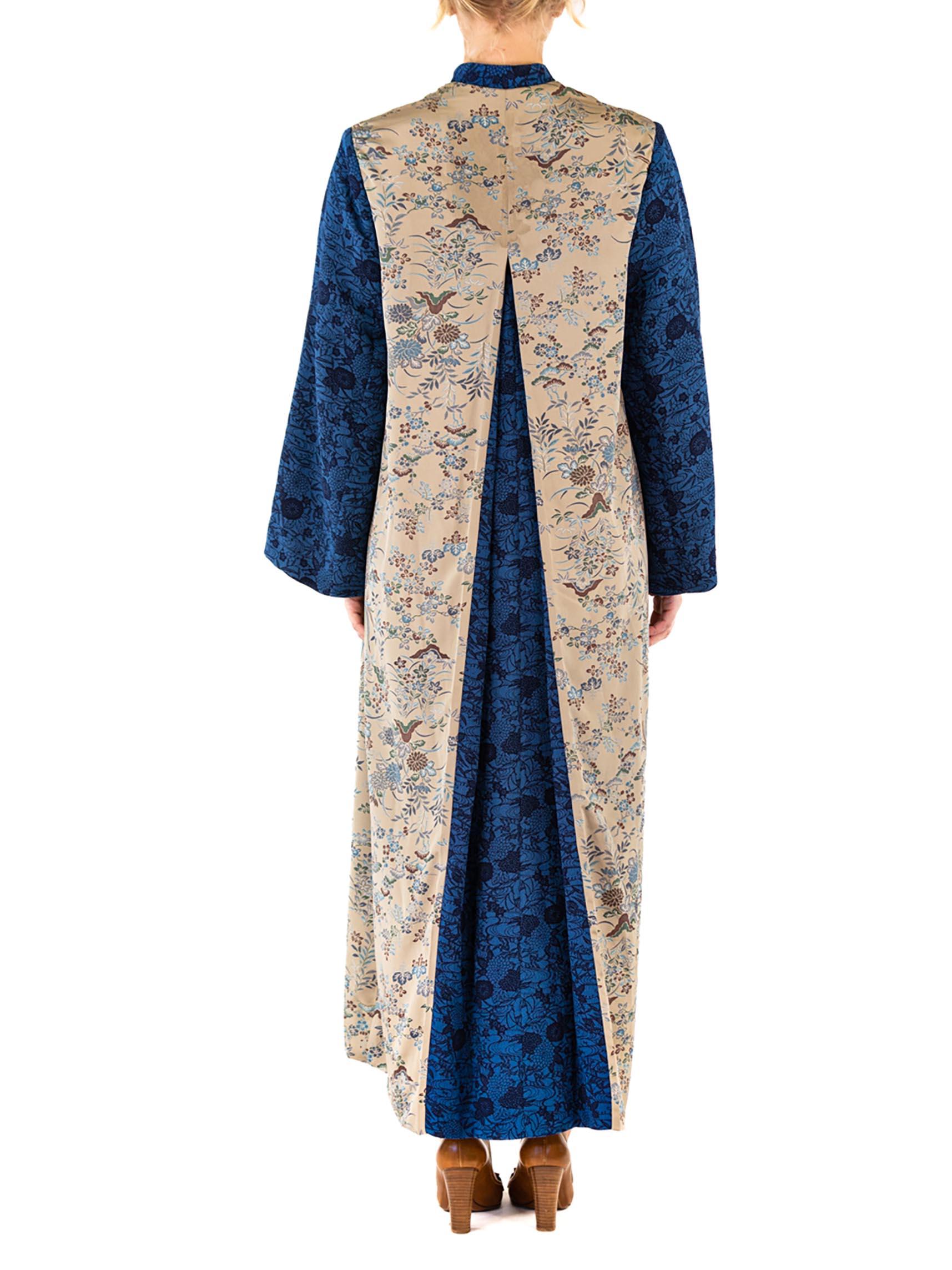 MORPHEW COLLECTION Ecru Japanese Kimono Silk Royal Blue Sleeves Duster For Sale 1