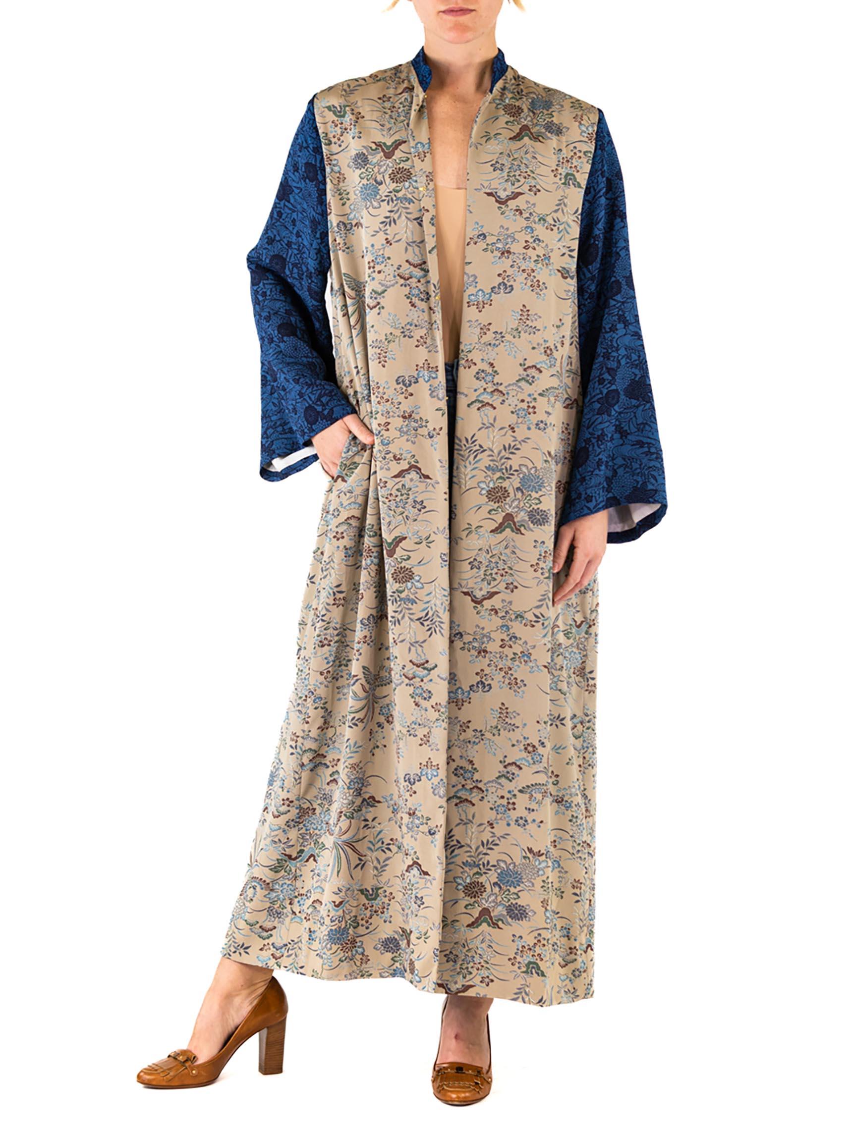 MORPHEW COLLECTION Ecru Japanese Kimono Silk Royal Blue Sleeves Duster For Sale 2