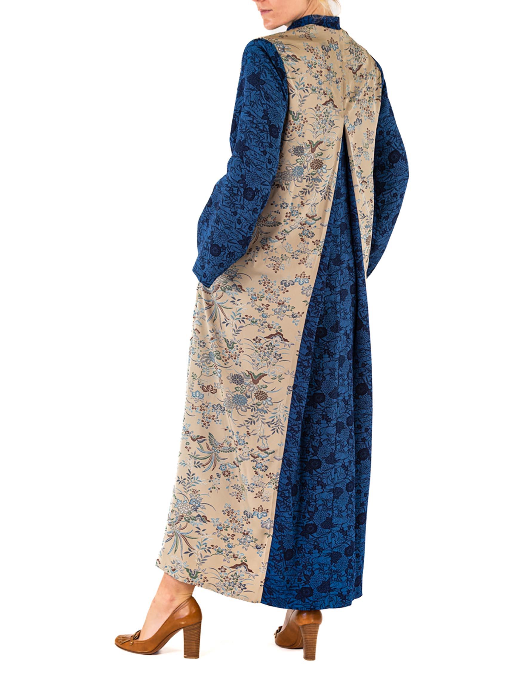 MORPHEW COLLECTION Ecru Japanese Kimono Silk Royal Blue Sleeves Duster For Sale 3