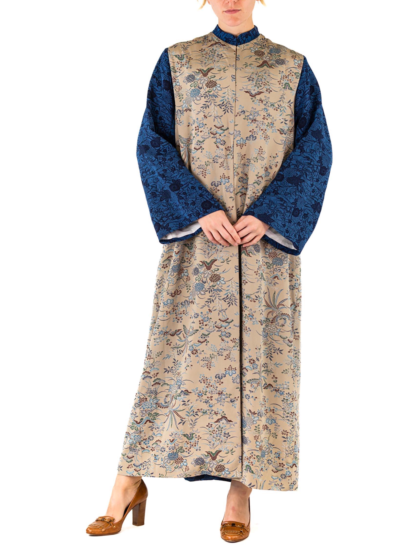 MORPHEW COLLECTION Ecru Japanese Kimono Silk Royal Blue Sleeves Duster For Sale 4