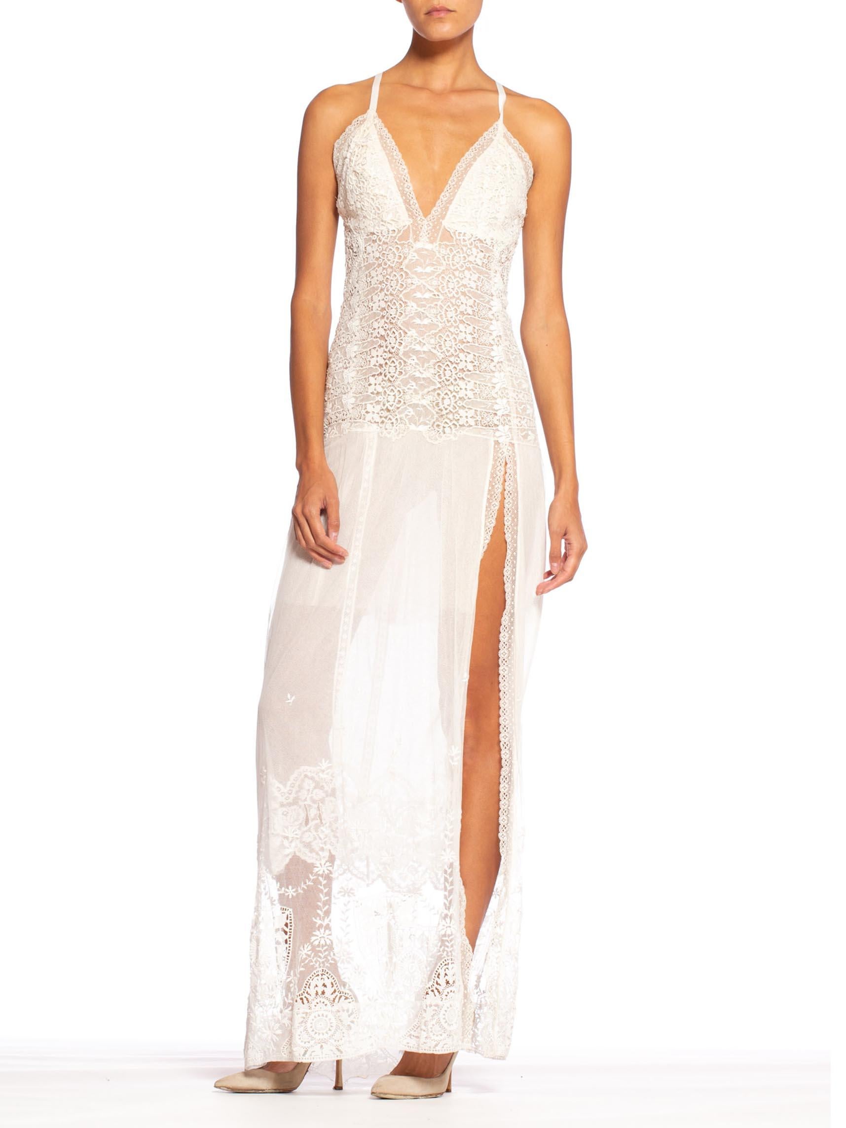 MORPHEW COLLECTION White Backless Cotton Victorian Lace & Net Dress With High Slit
MORPHEW COLLECTION is made entirely by hand in our NYC Ateliér of rare antique materials sourced from around the globe. Our sustainable vintage materials represent