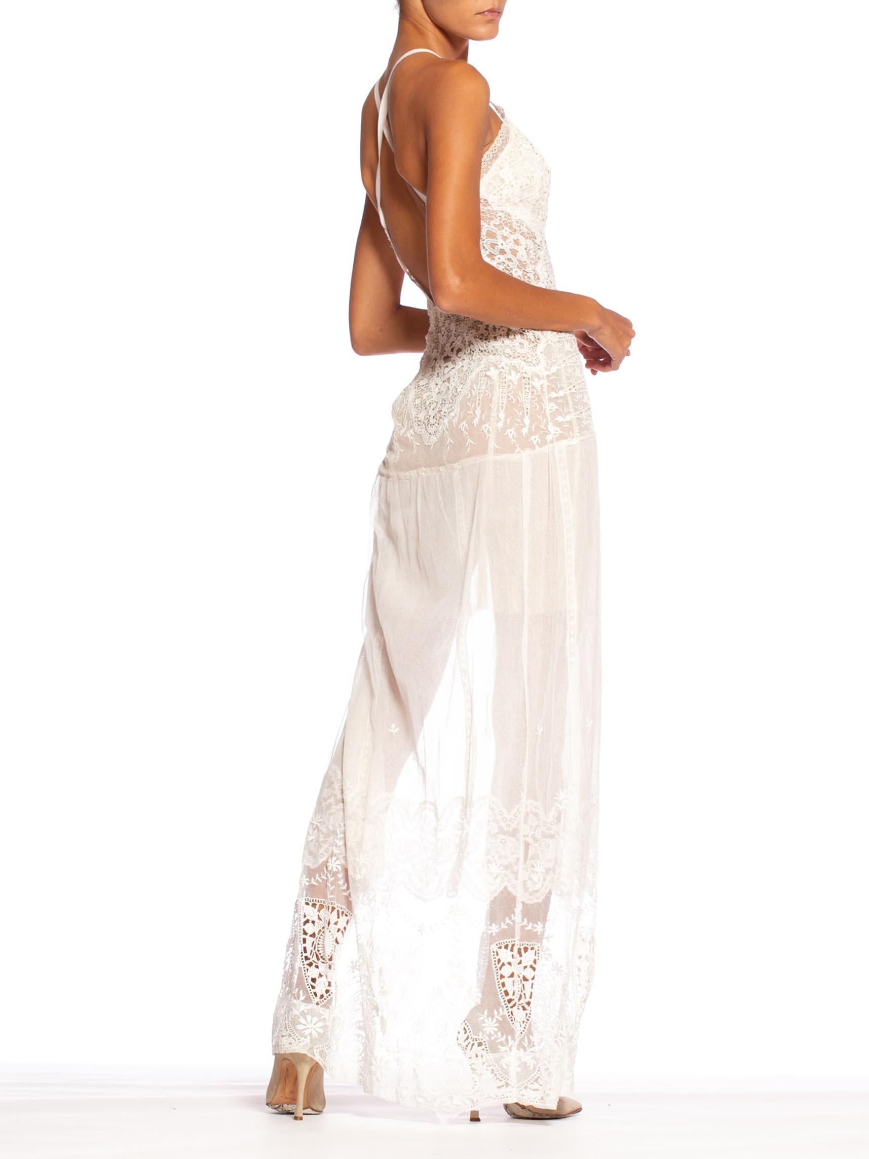 MORPHEW COLLECTION White Backless Cotton Victorian Lace & Net Dress With High S For Sale 1