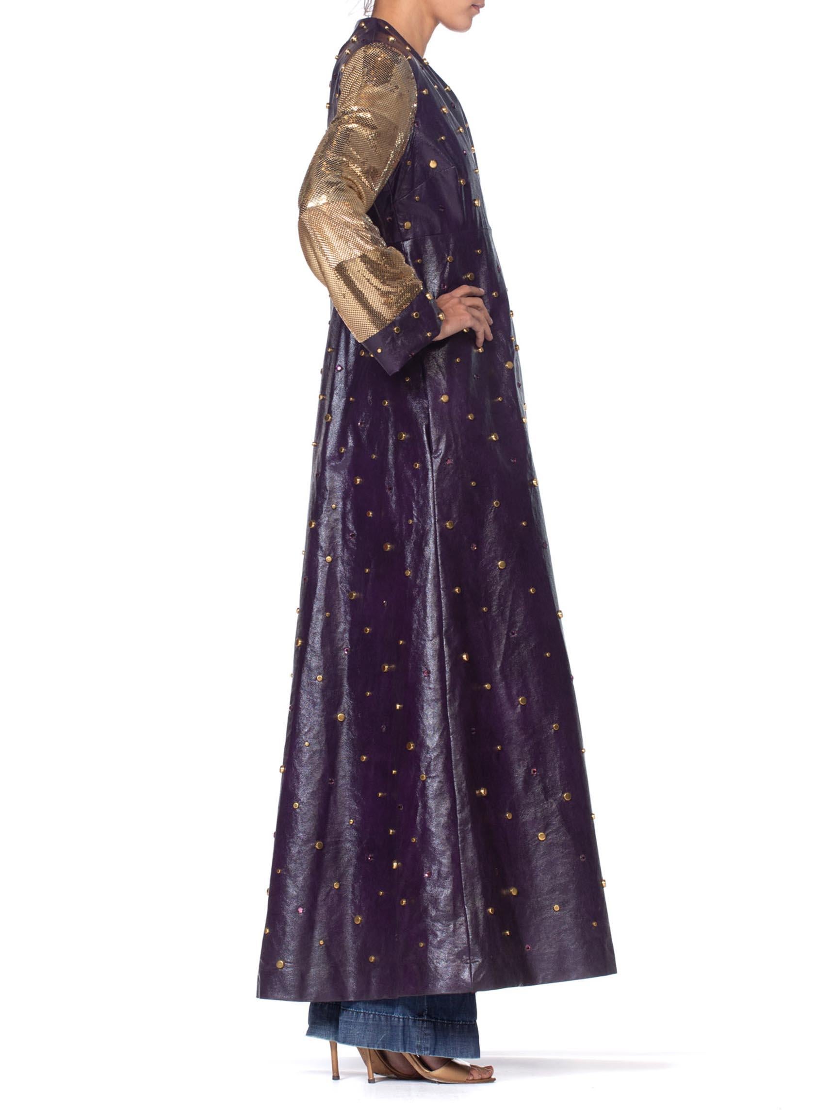 MORPHEW COLLECTION Eggplant Purple Crystal Studded Pleather Maxi Coat With Gold In Excellent Condition For Sale In New York, NY