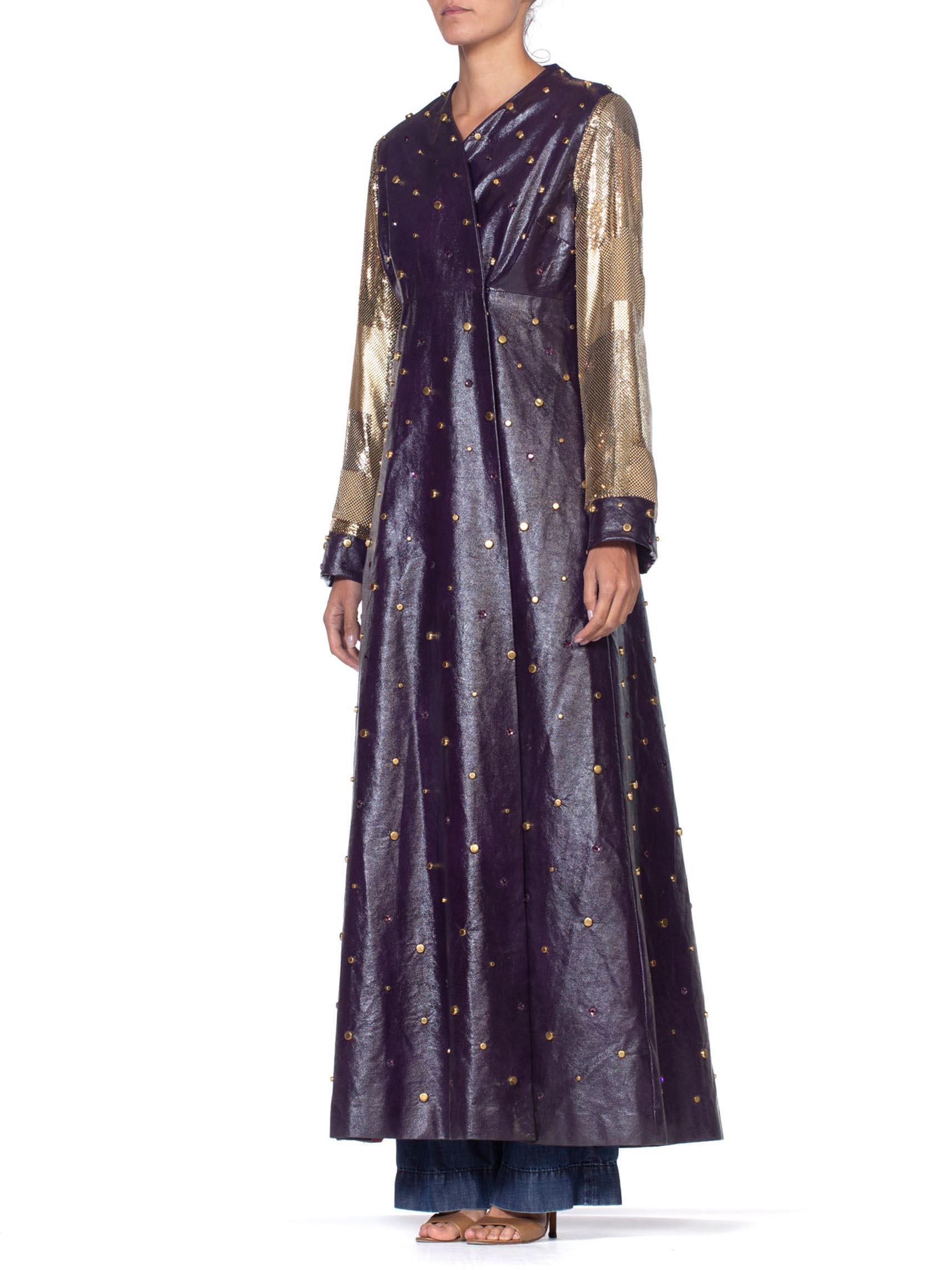 Women's MORPHEW COLLECTION Eggplant Purple Crystal Studded Pleather Maxi Coat With Gold For Sale
