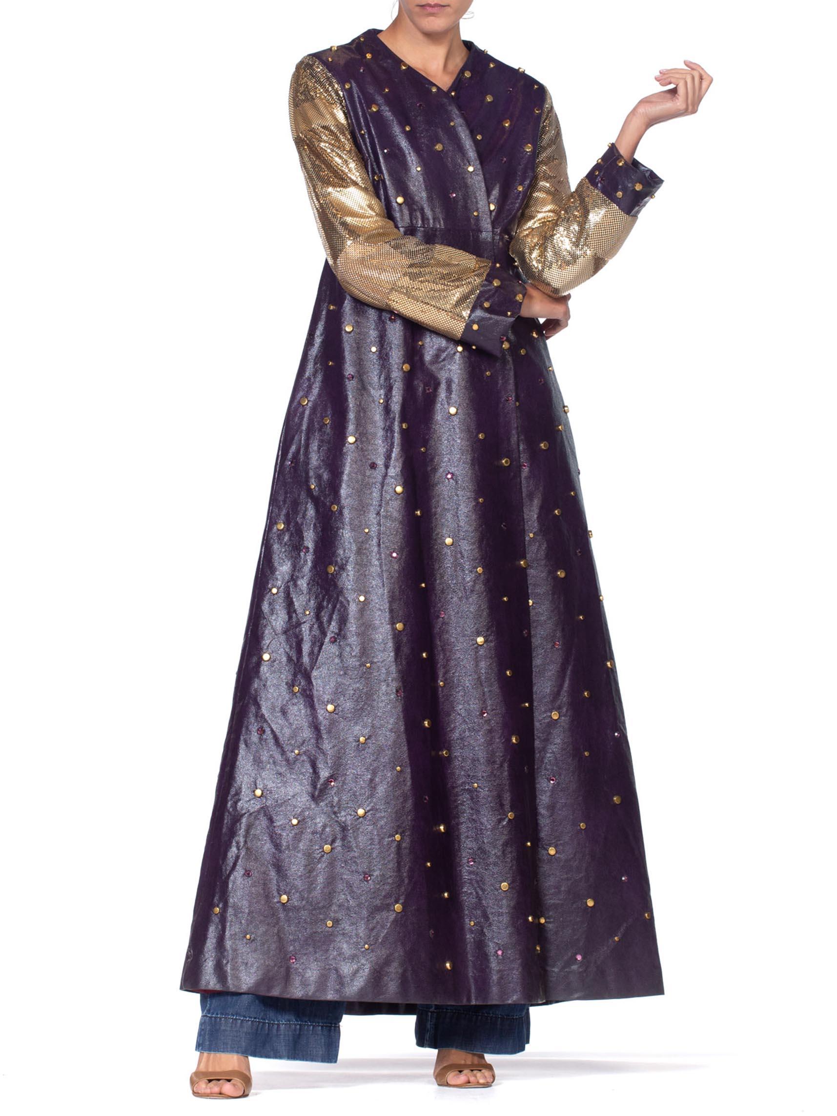 MORPHEW COLLECTION Eggplant Purple Crystal Studded Pleather Maxi Coat With Gold For Sale 1