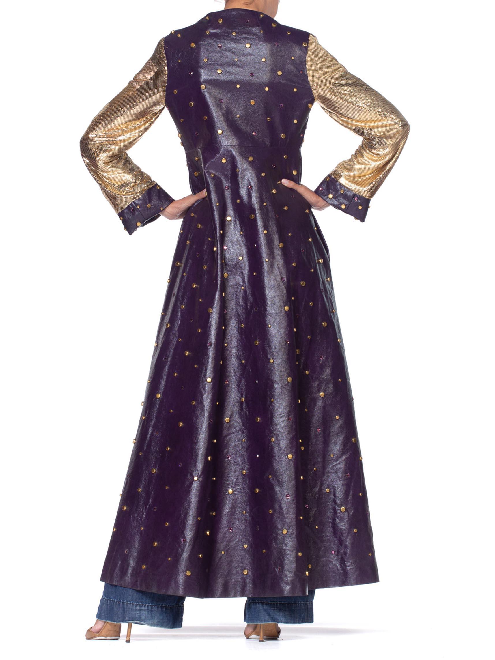 MORPHEW COLLECTION Eggplant Purple Crystal Studded Pleather Maxi Coat With Gold For Sale 2