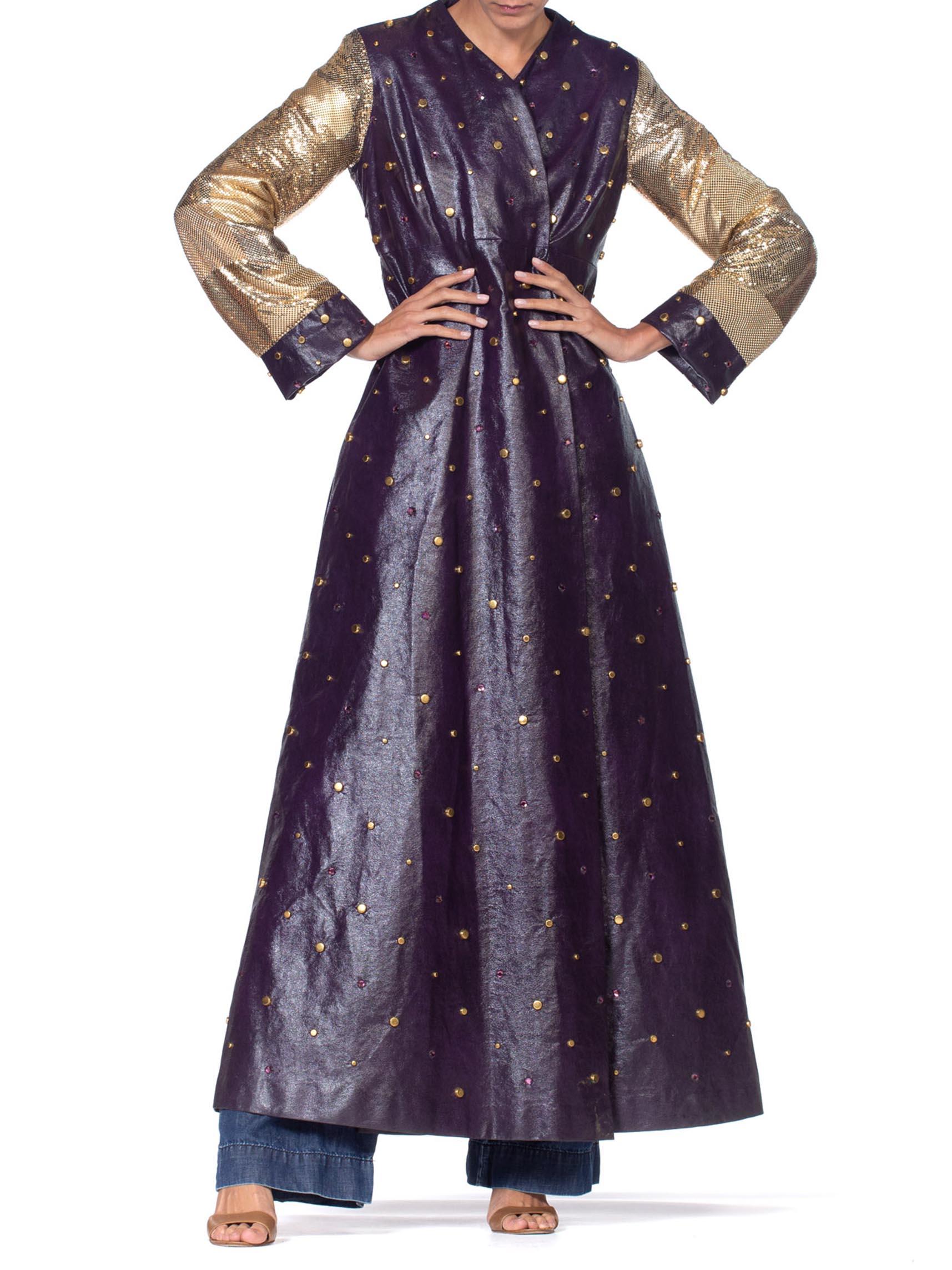 MORPHEW COLLECTION Eggplant Purple Crystal Studded Pleather Maxi Coat With Gold For Sale 3