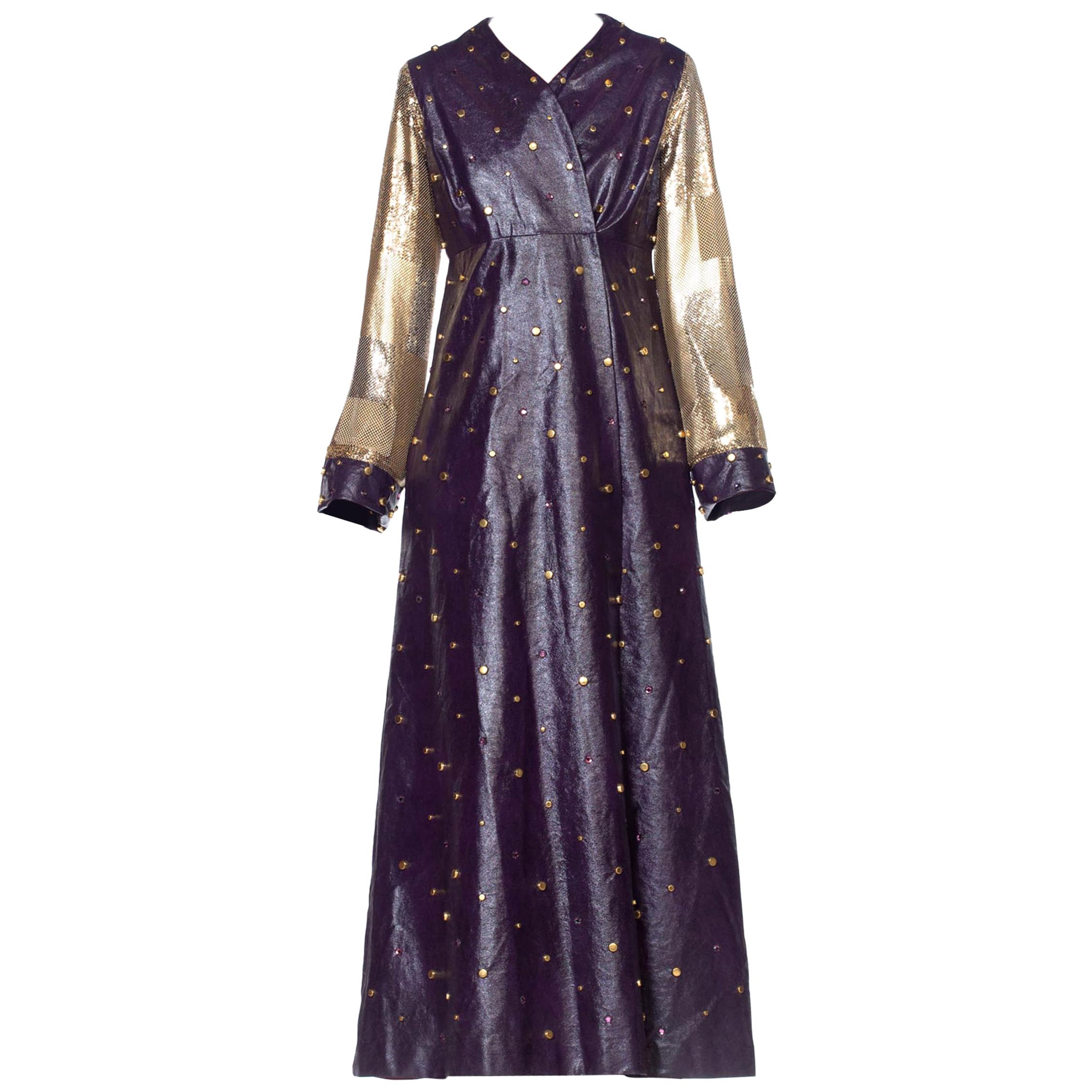 MORPHEW COLLECTION Eggplant Purple Crystal Studded Pleather Maxi Coat With Gold For Sale