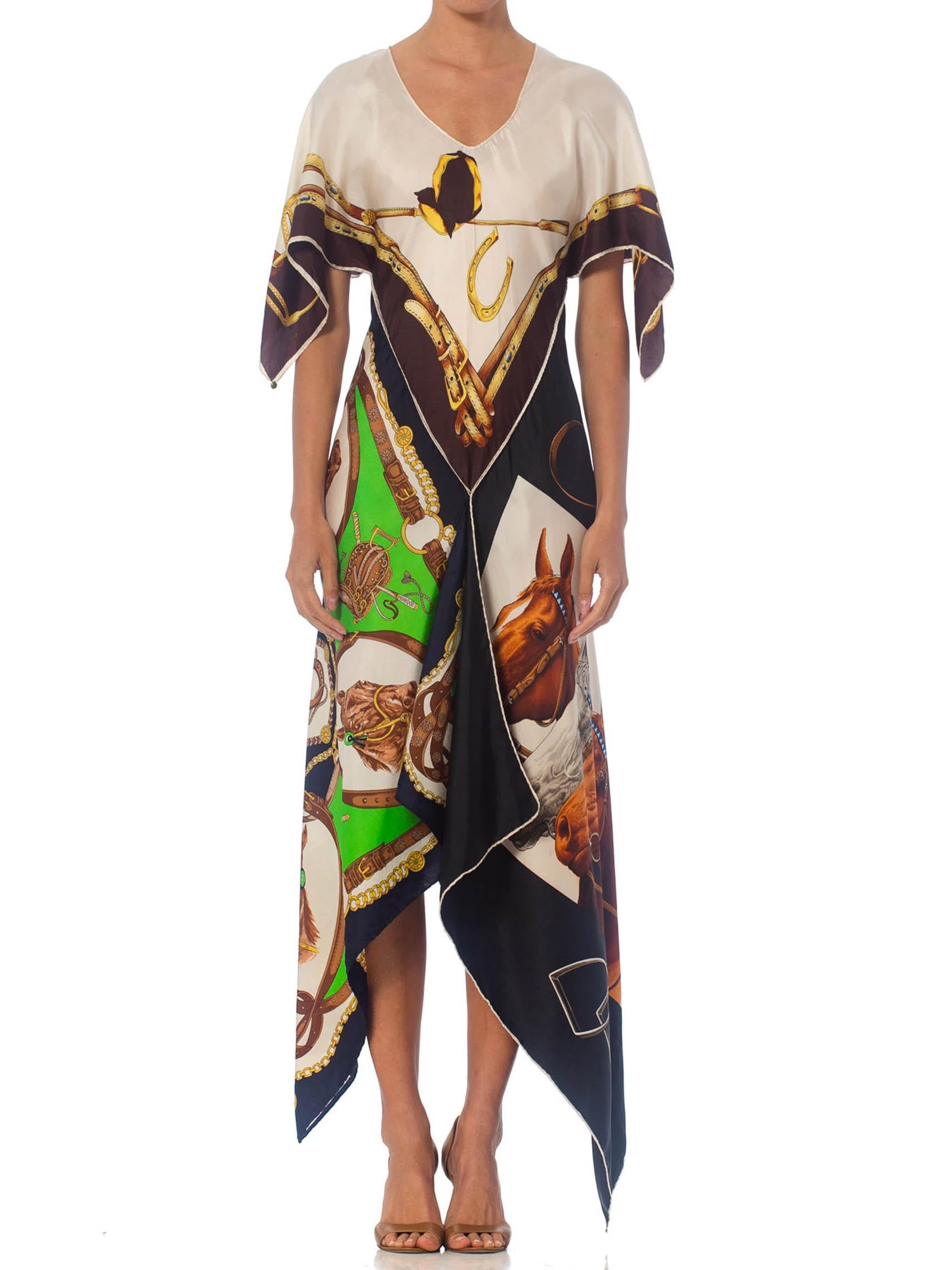 MORPHEW COLLECTION Equestrian & Status Print Kaftan Dress Made From 1970S Vintage Silk Scarves