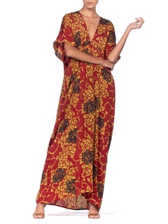 MORPHEW COLLECTION Burgundy & Green Floral Japanese Kimono Silk Kaftan Dress