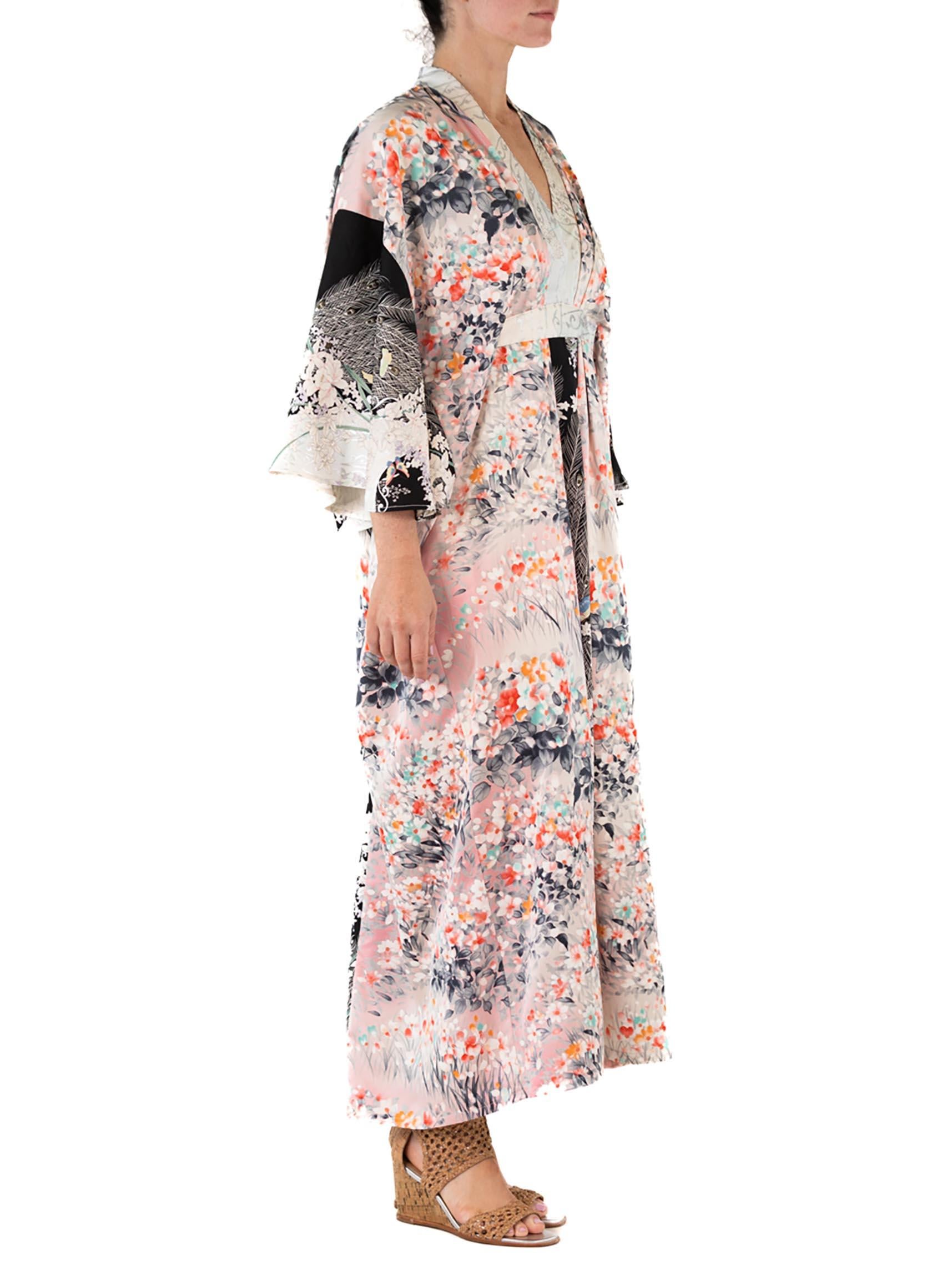 MORPHEW COLLECTION Floral Print & Black Japanese Kimono Silk Kaftan In New Condition In New York, NY