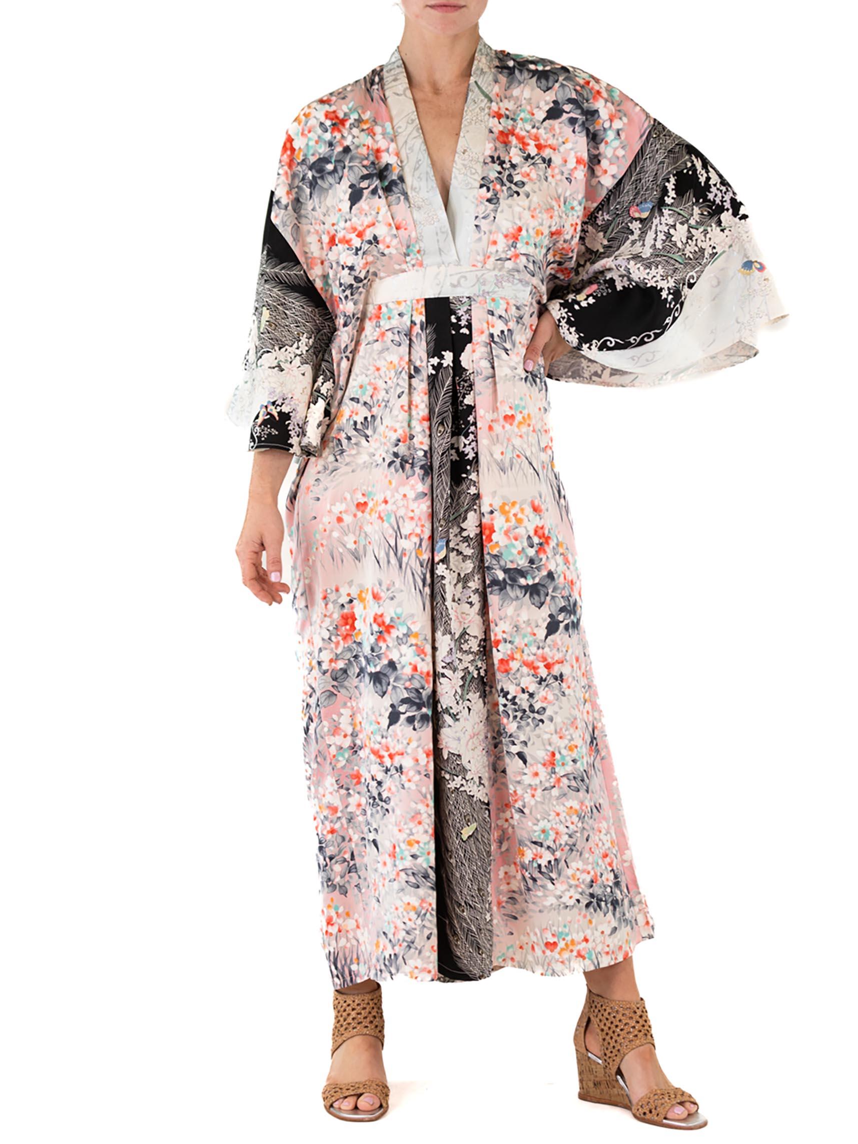 MORPHEW COLLECTION Floral Print & Black Japanese Kimono Silk Kaftan 1