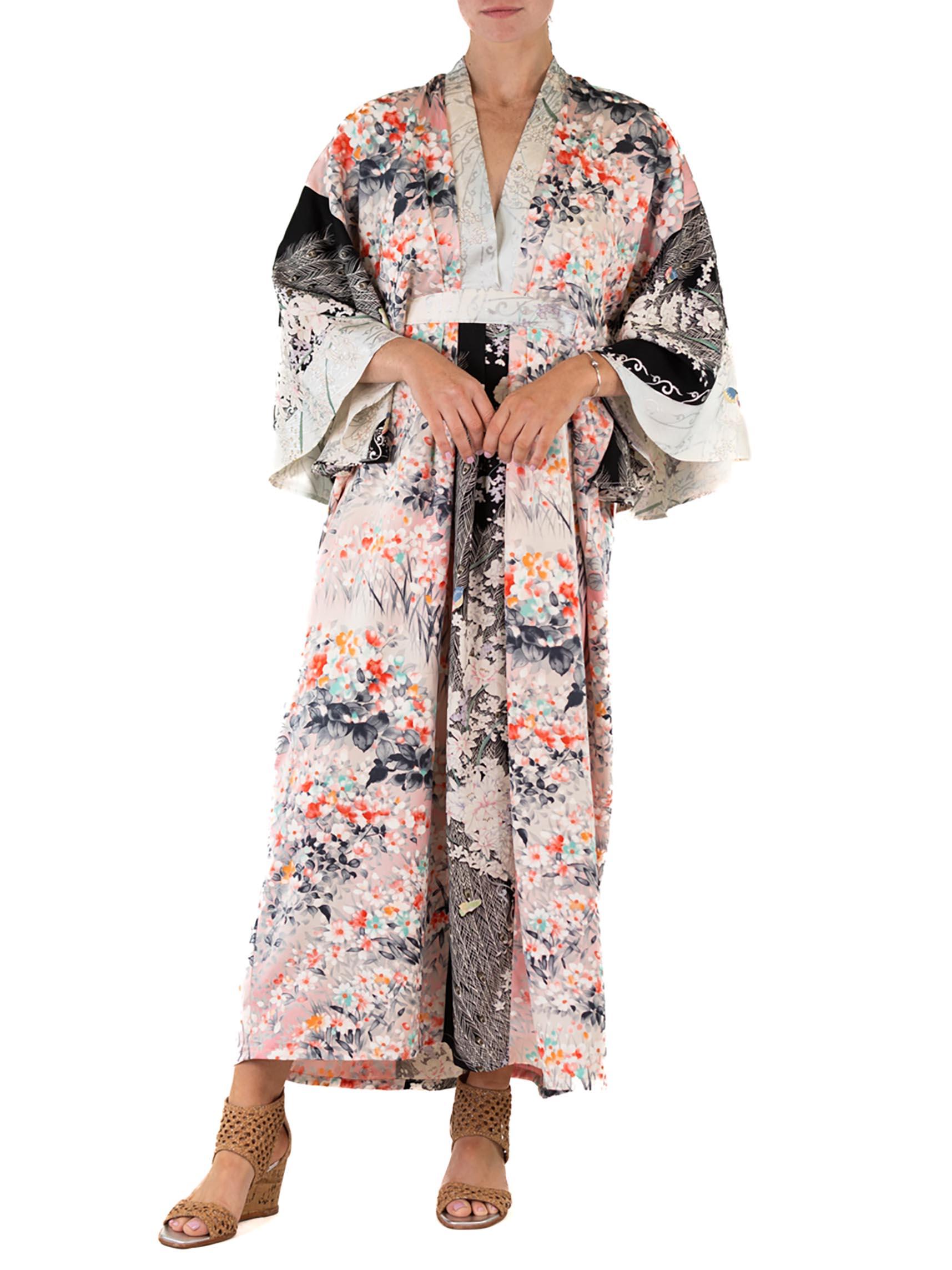 MORPHEW COLLECTION Floral Print & Black Japanese Kimono Silk Kaftan 5