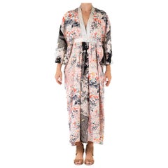 MORPHEW COLLECTION Floral Print & Black Japanese Kimono Silk Kaftan