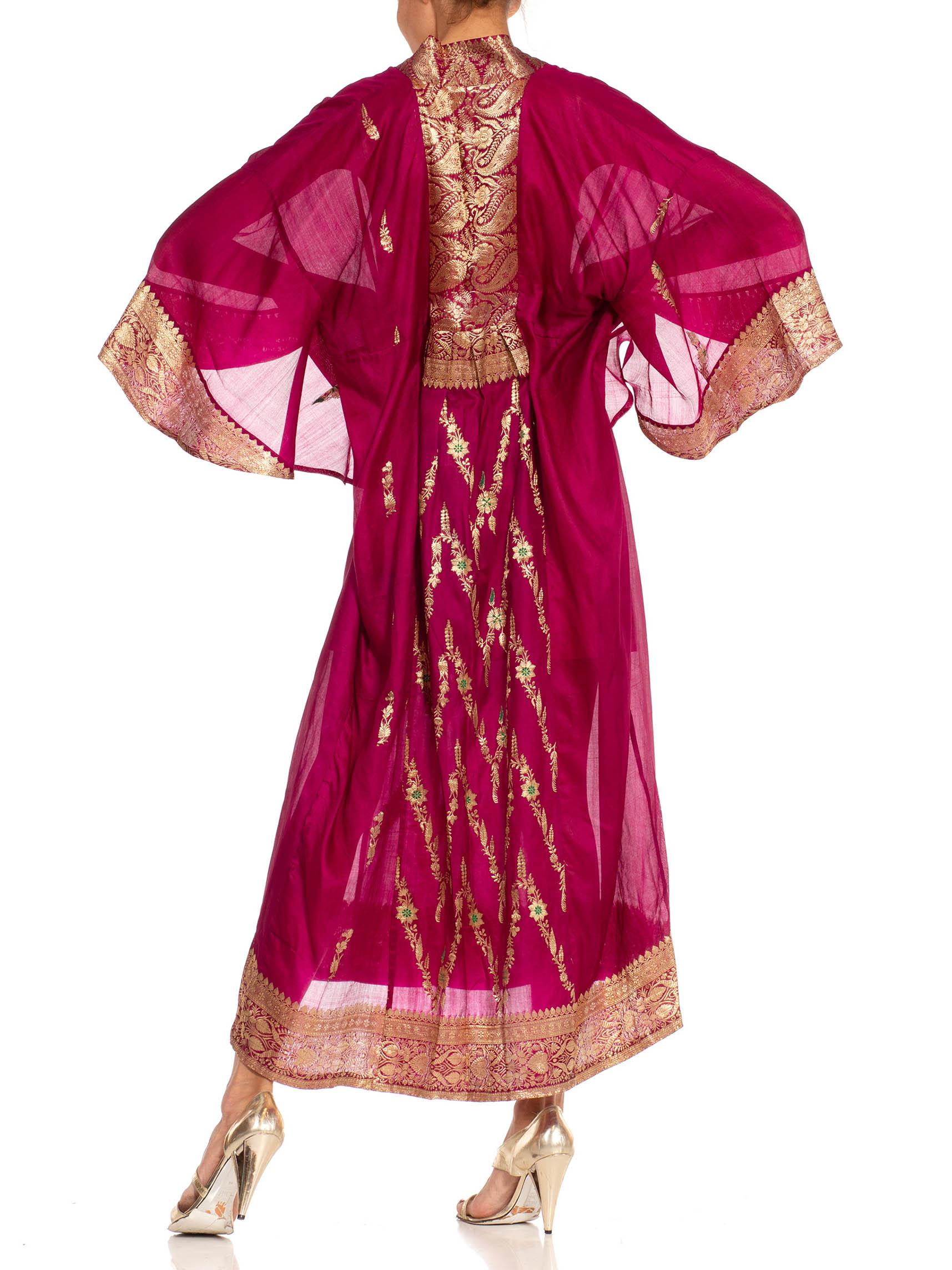 Morphew Collection Fuchsia & Gold Silk Kaftan Made From Vintage Saris In Excellent Condition For Sale In New York, NY