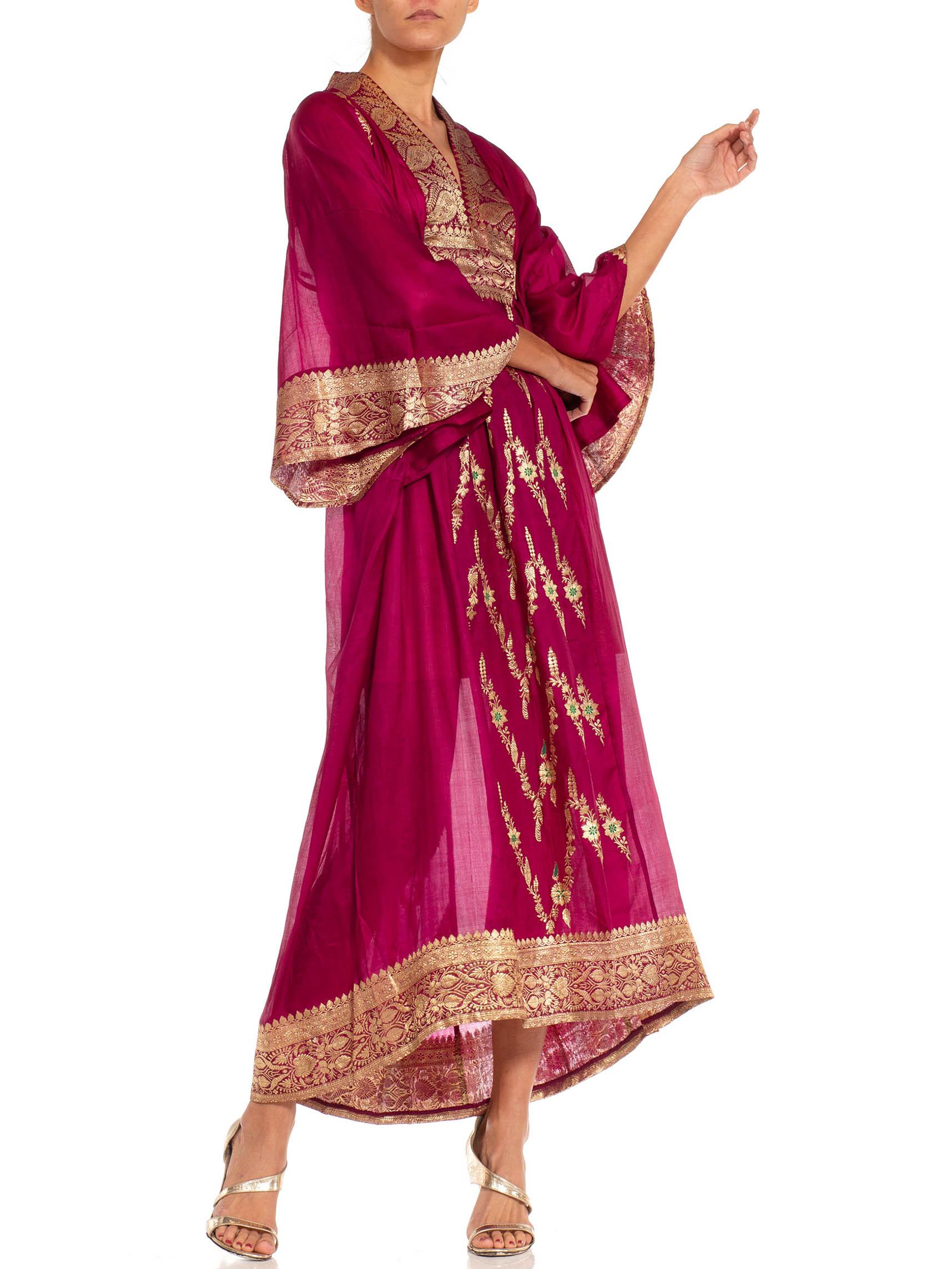 Women's Morphew Collection Fuchsia & Gold Silk Kaftan Made From Vintage Saris For Sale