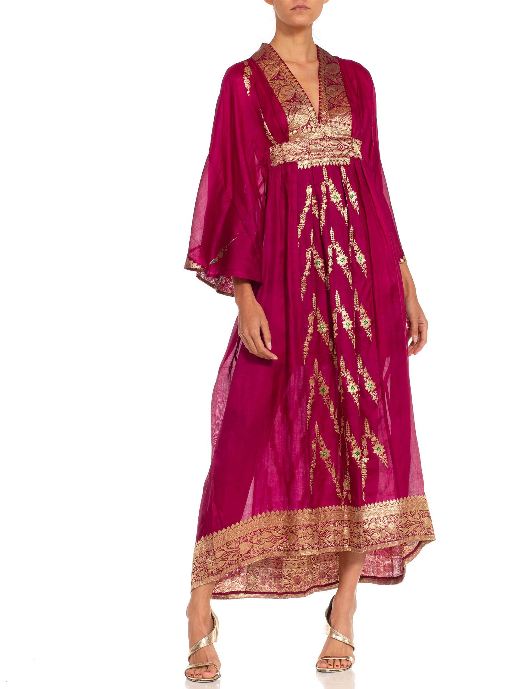 Morphew Collection Fuchsia & Gold Silk Kaftan Made From Vintage Saris For Sale 1