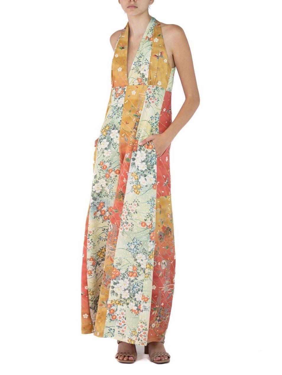 Women's Morphew Collection Gold Grey Japanese Kimono Silk M/L Jumpsuit For Sale