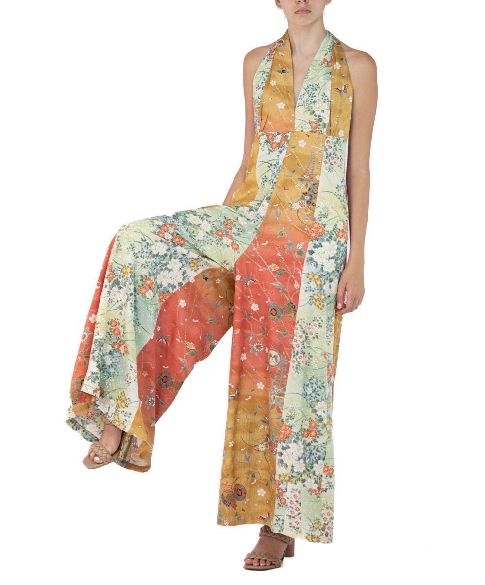 Morphew Collection Gold Grey Japanese Kimono Silk M/L Jumpsuit For Sale 1