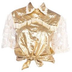 MORPHEW COLLECTION Gold Lamé Fringed Western Shirt With 60S Lace Sleeves