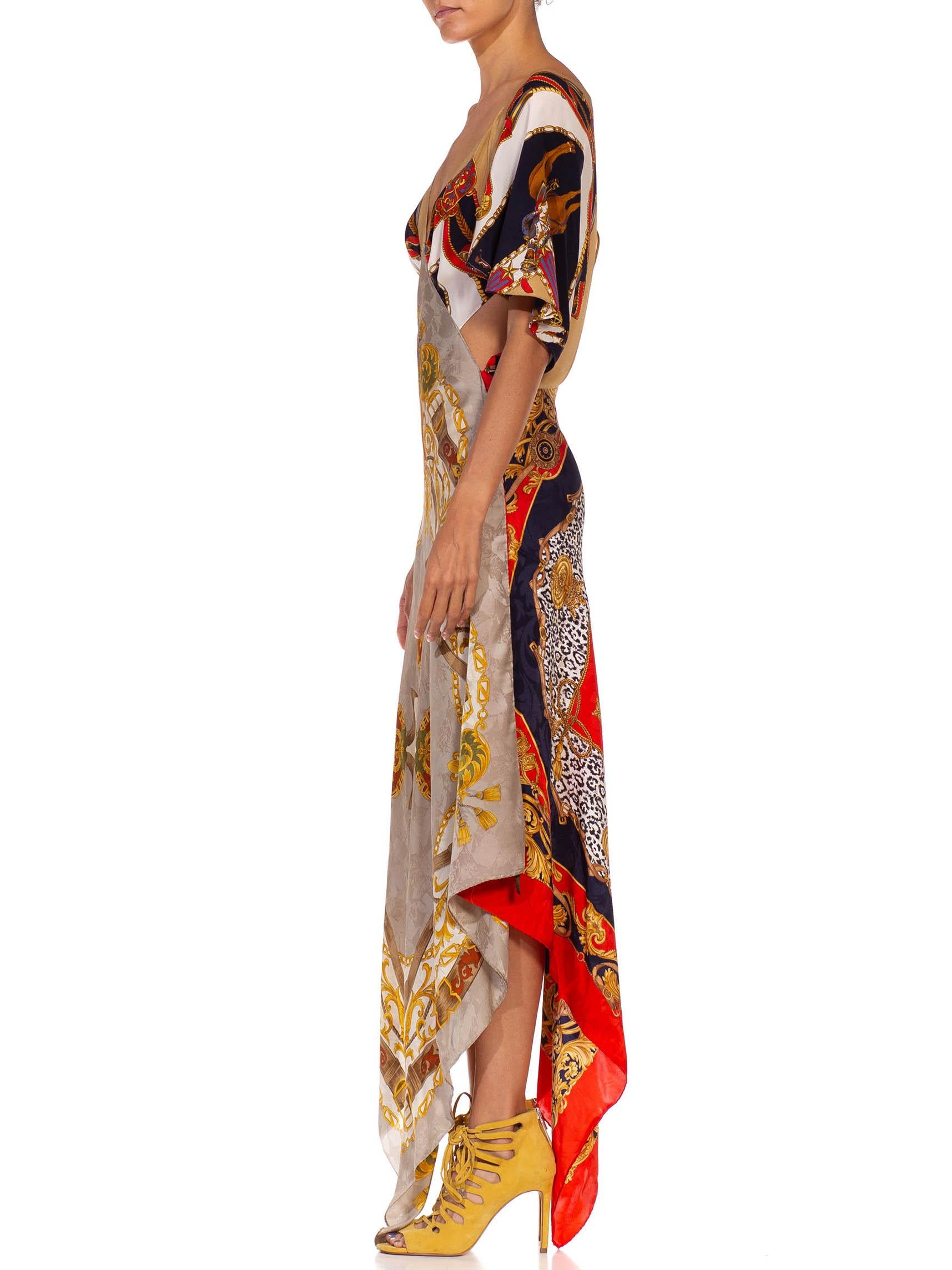 MORPHEW COLLECTION Gold Versace Style Print Silk Twill 3-Scarf Dress Made From Vintage Scarves
MORPHEW COLLECTION is made entirely by hand in our NYC Ateliér of rare antique materials sourced from around the globe. Our sustainable vintage materials