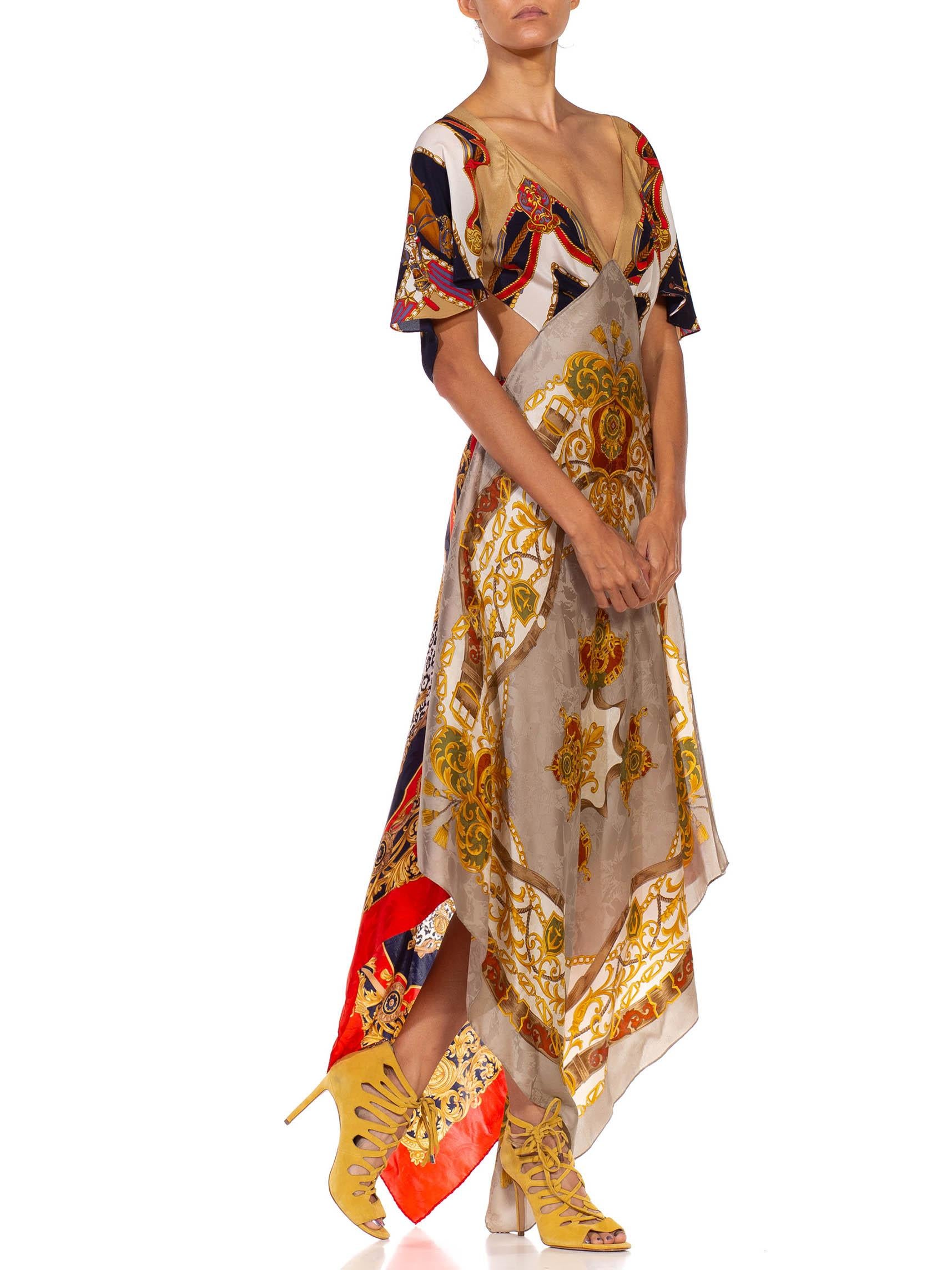 MORPHEW COLLECTION Gold Versace Style Print Silk Twill 3-Scarf Dress Made From  In Excellent Condition In New York, NY