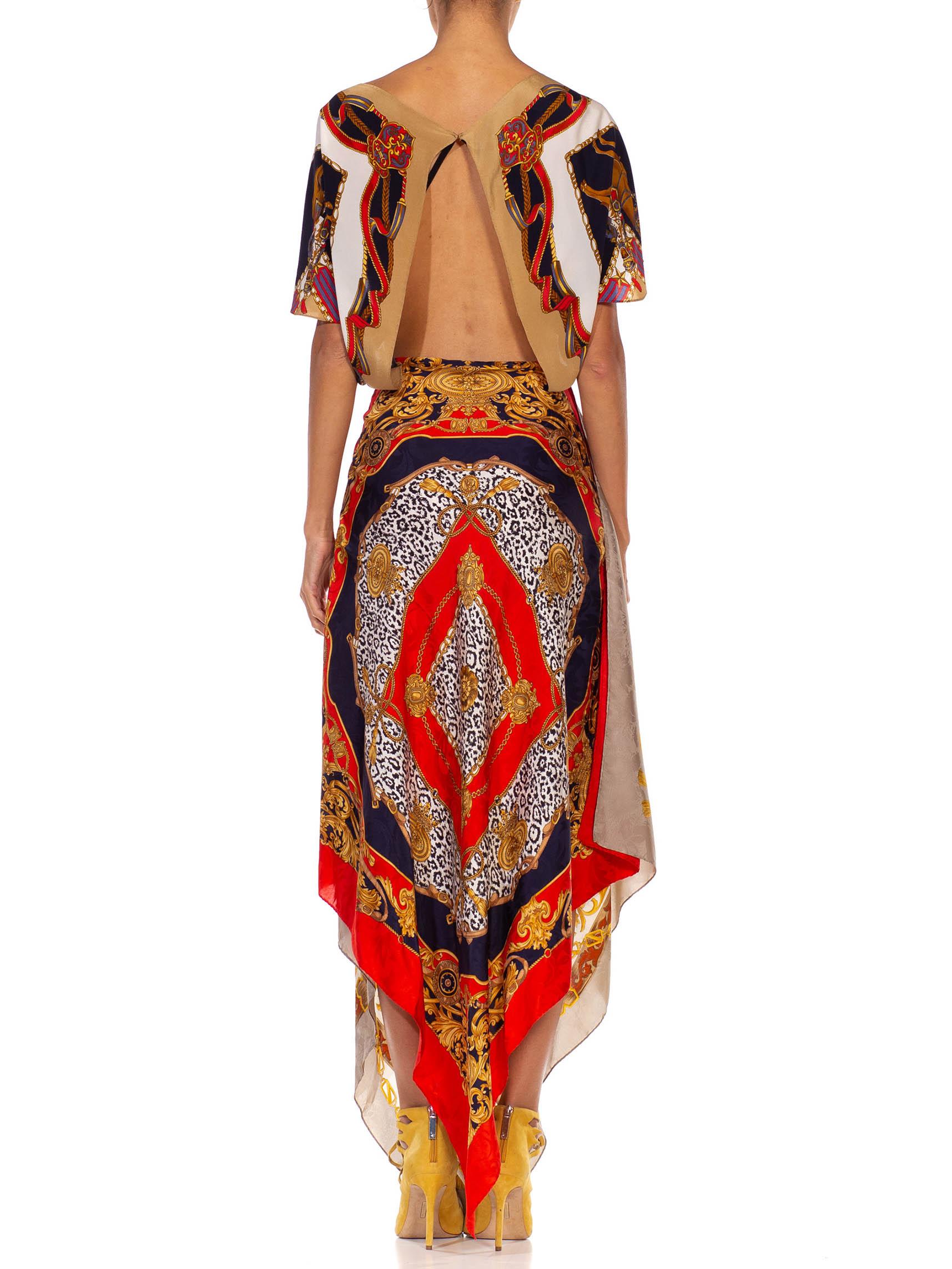 MORPHEW COLLECTION Gold Versace Style Print Silk Twill 3-Scarf Dress Made From  1
