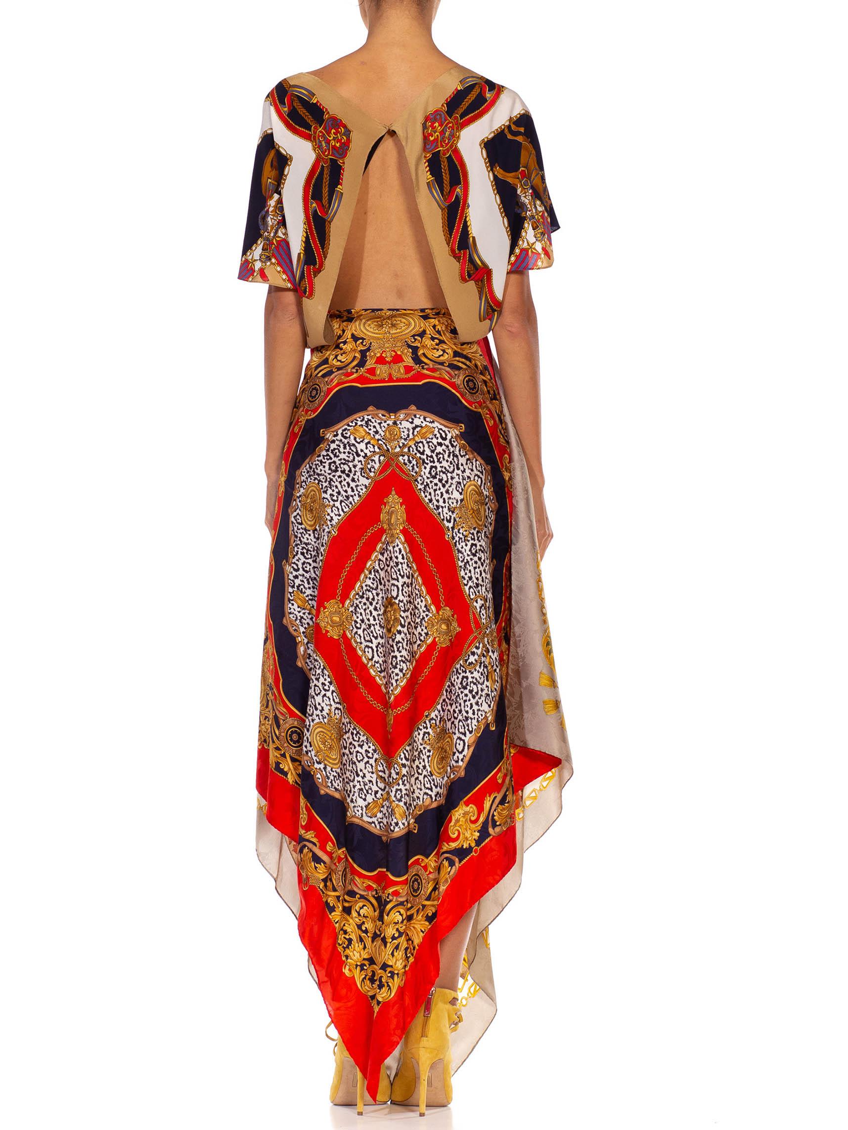 MORPHEW COLLECTION Gold Versace Style Print Silk Twill 3-Scarf Dress Made From  3