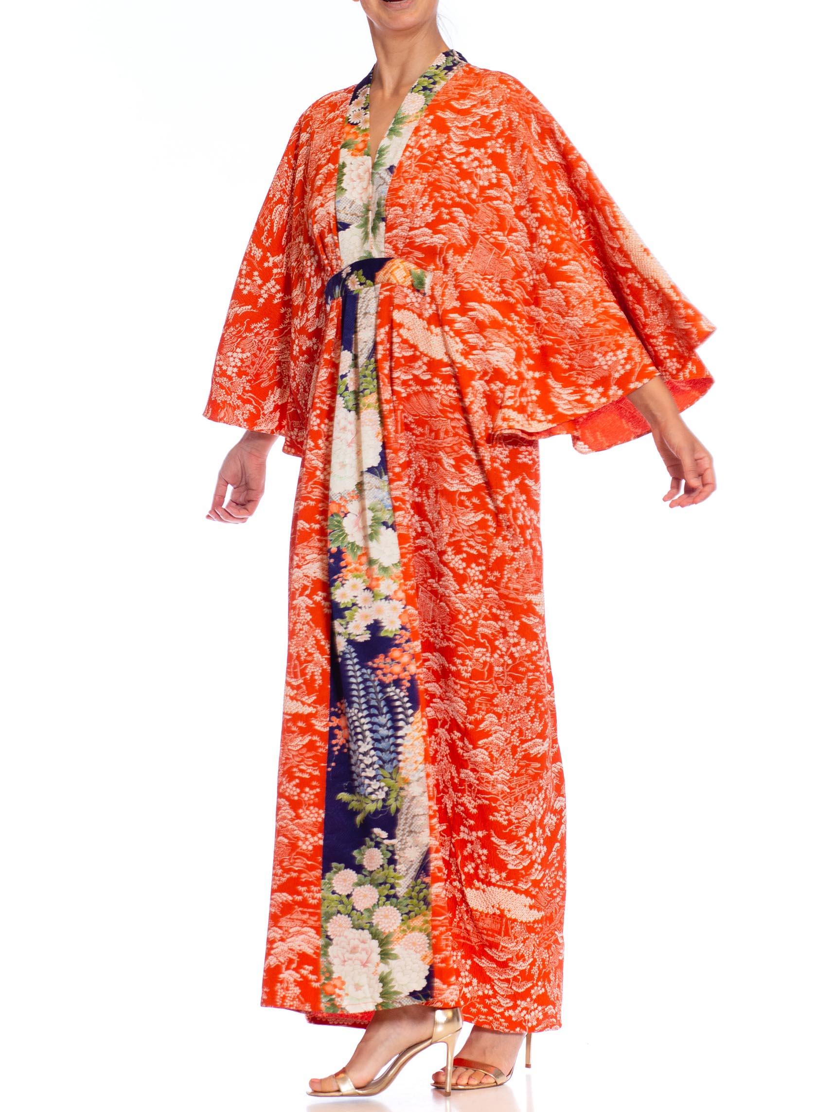 MORPHEW COLLECTION Golden Orange & Blue Japanese Kimono Silk Kaftan For Sale 6