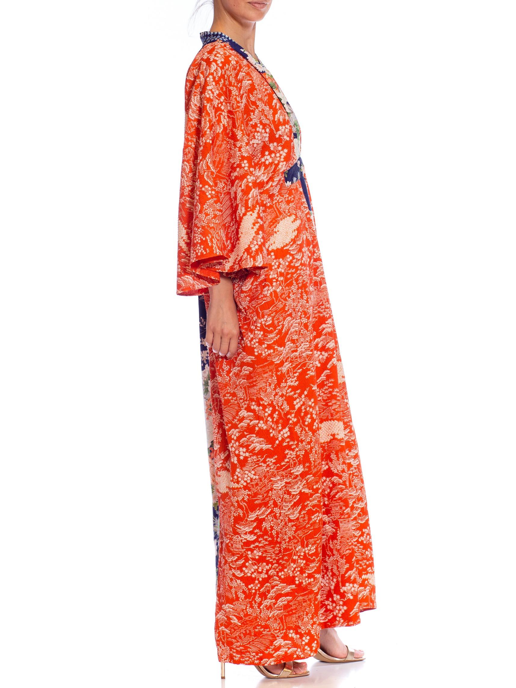 MORPHEW COLLECTION Golden Orange & Blue Japanese Kimono Silk Kaftan In Excellent Condition For Sale In New York, NY