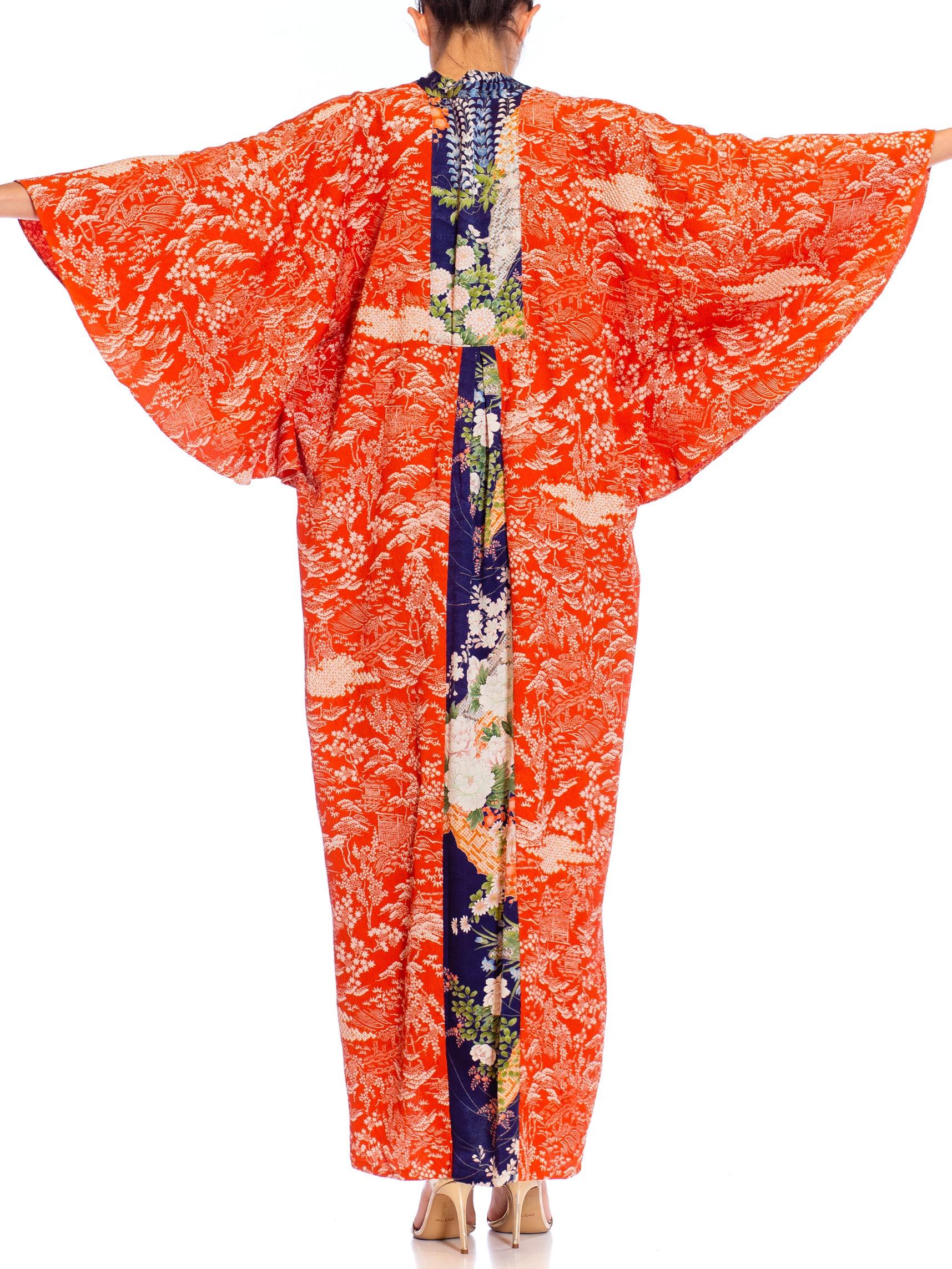 MORPHEW COLLECTION Golden Orange & Blue Japanese Kimono Silk Kaftan For Sale 1