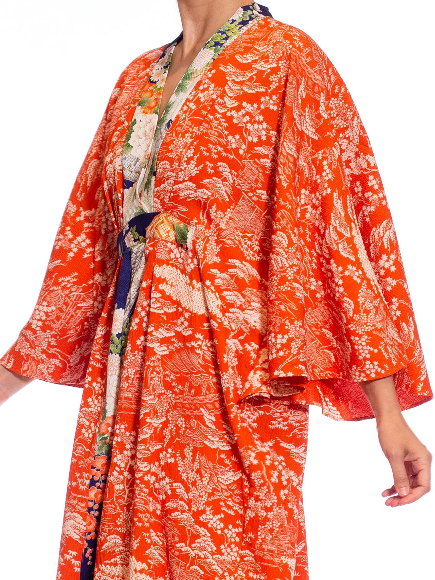 MORPHEW COLLECTION Golden Orange & Blue Japanese Kimono Silk Kaftan For Sale 2