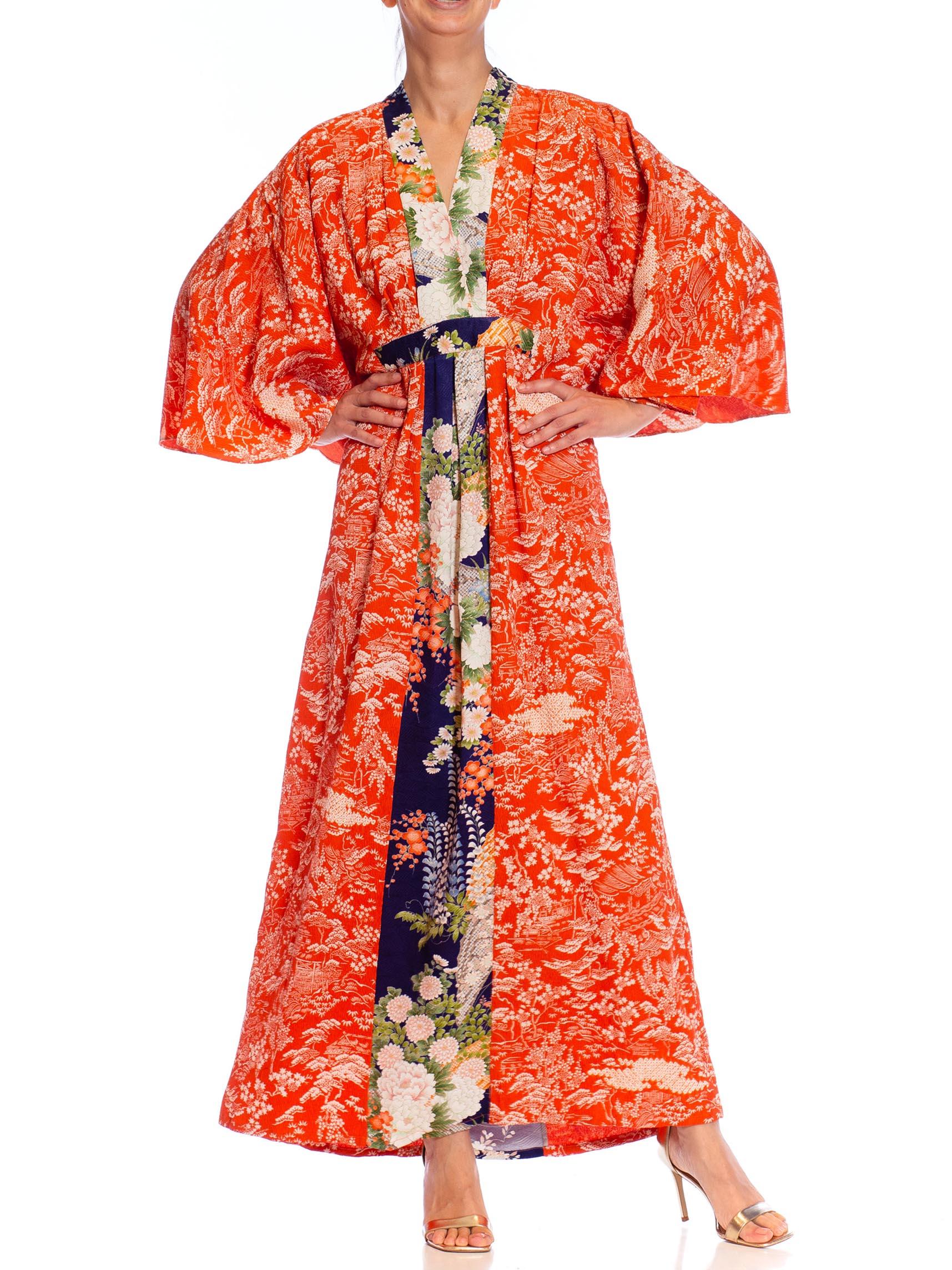 MORPHEW COLLECTION Golden Orange & Blue Japanese Kimono Silk Kaftan For Sale 3