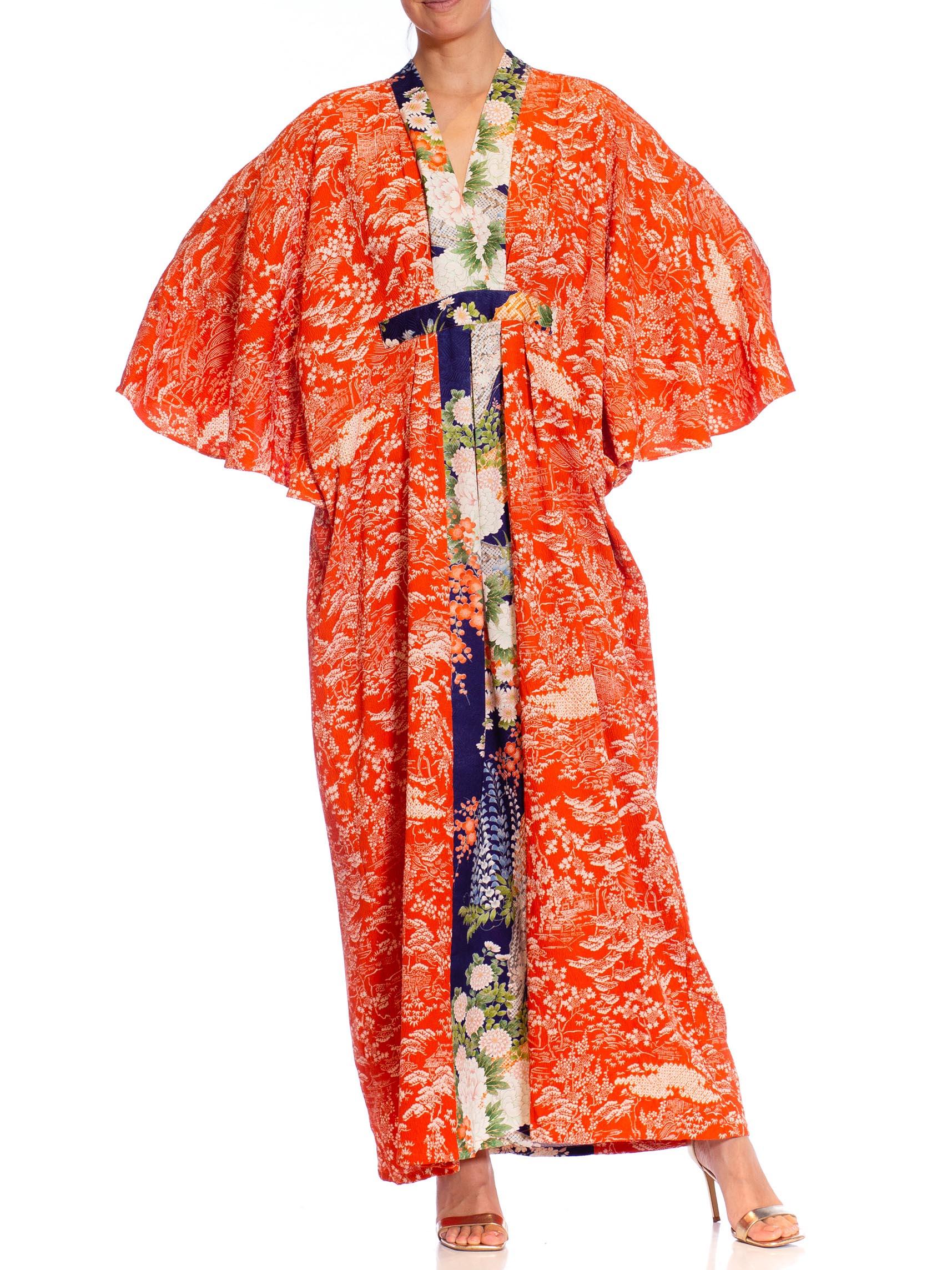 MORPHEW COLLECTION Golden Orange & Blue Japanese Kimono Silk Kaftan For Sale 4