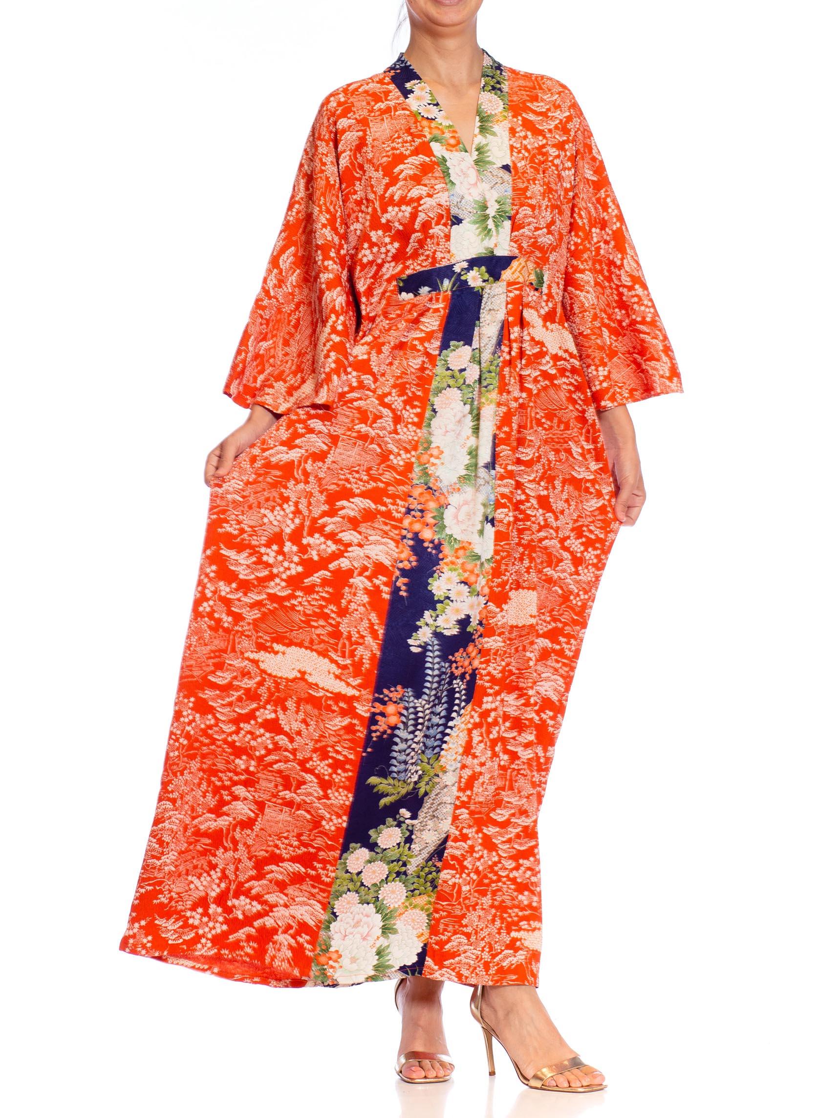 COLLECTION MORPHEW Caftan en soie de kimono japonais orange doré et bleu en vente 4