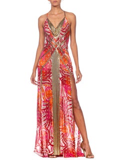 Pink & Orange Lurex Chiffon In 1970'S Gown With Gold Metal Mesh