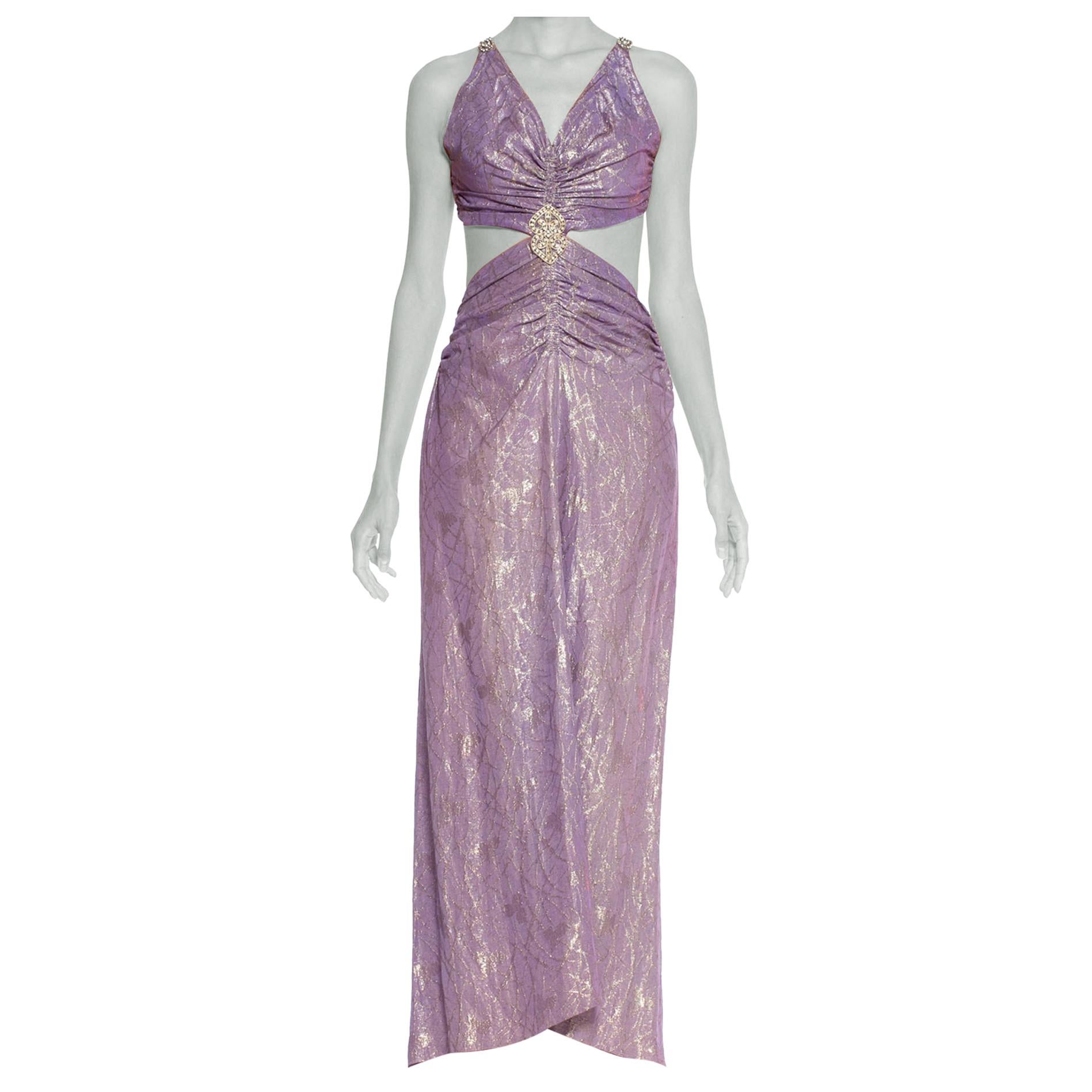 MORPHEW COLLECTION Lilac Silver Antique Silk Lamé  Gown With 1930S Crystals For Sale