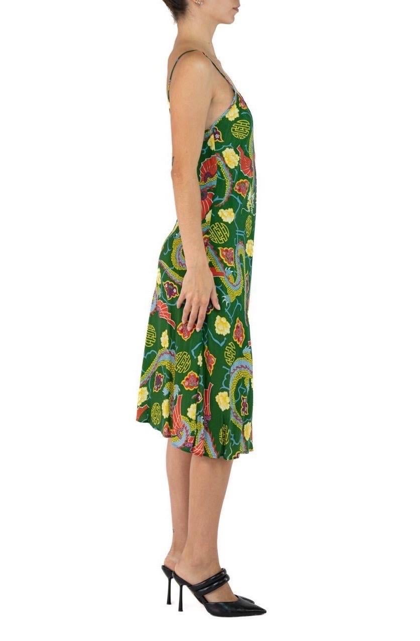 Morphew Collection Grass Green Floral Dragon Novelty Cold Rayon Bias  Slip Dress In Excellent Condition For Sale In New York, NY