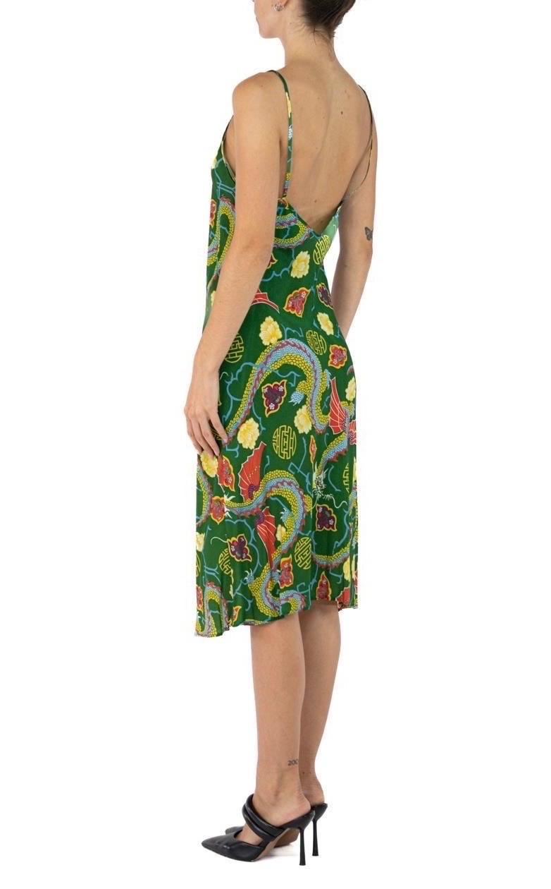 Women's Morphew Collection Grass Green Floral Dragon Novelty Cold Rayon Bias  Slip Dress For Sale