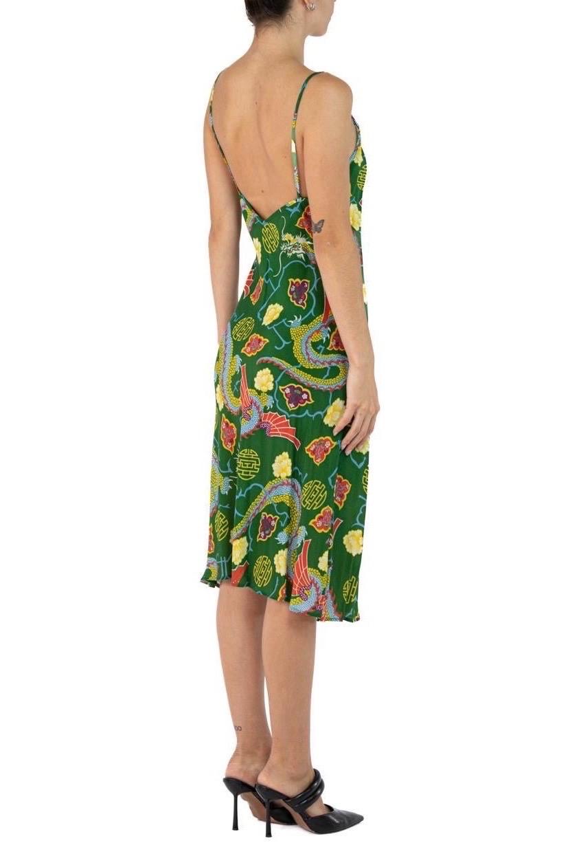 Morphew Collection Grass Green Floral Dragon Novelty Cold Rayon Bias  Slip Dress For Sale 1