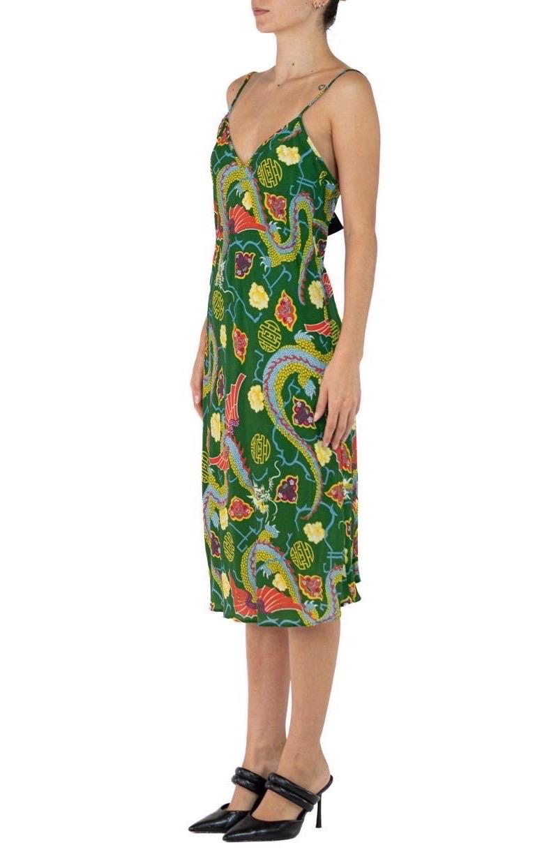 Morphew Collection Grass Green Floral Dragon Novelty Cold Rayon Bias  Slip Dress For Sale 2