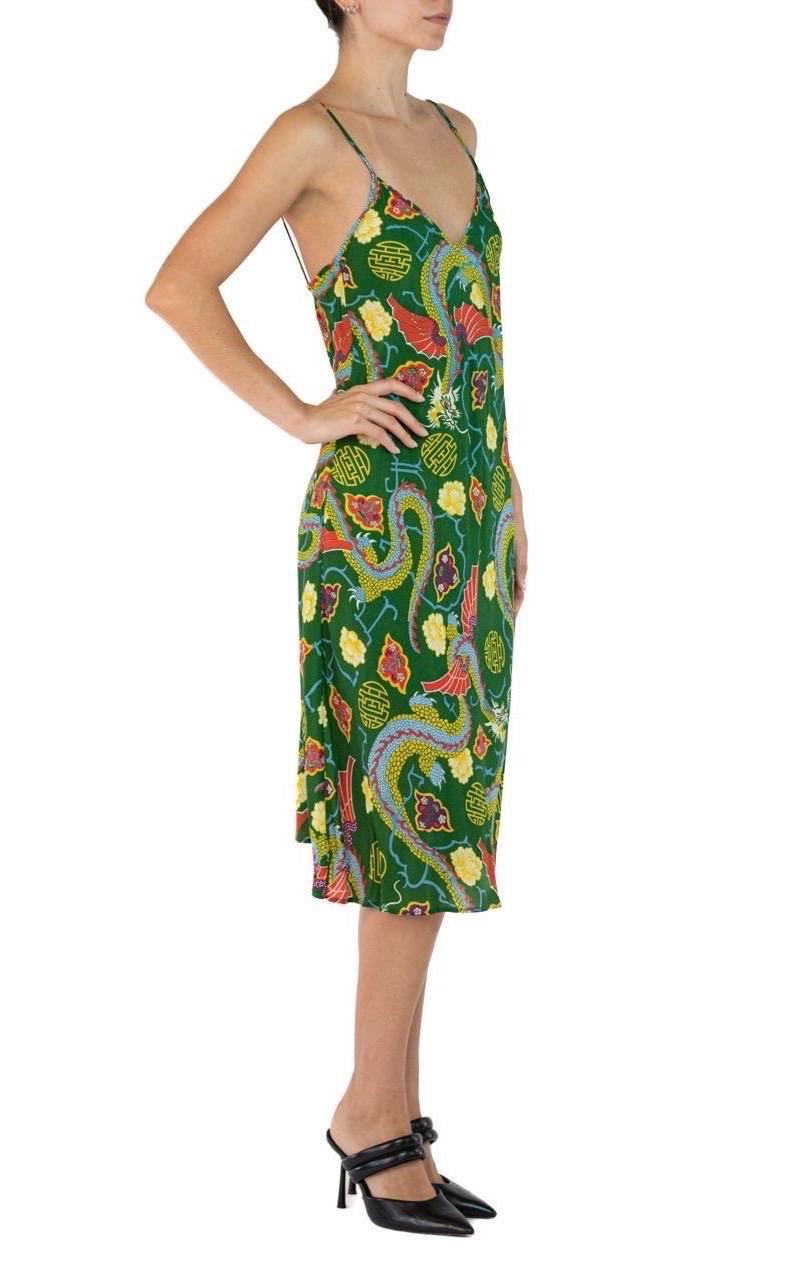 Morphew Collection Grass Green Floral Dragon Novelty Cold Rayon Bias  Slip Dress For Sale 3