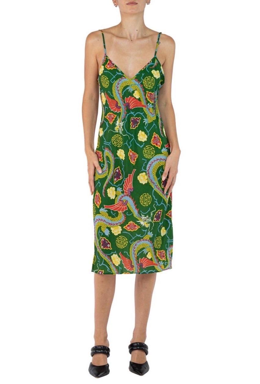 Morphew Collection Grass Green Floral Dragon Novelty Cold Rayon Bias  Slip Dress For Sale 4