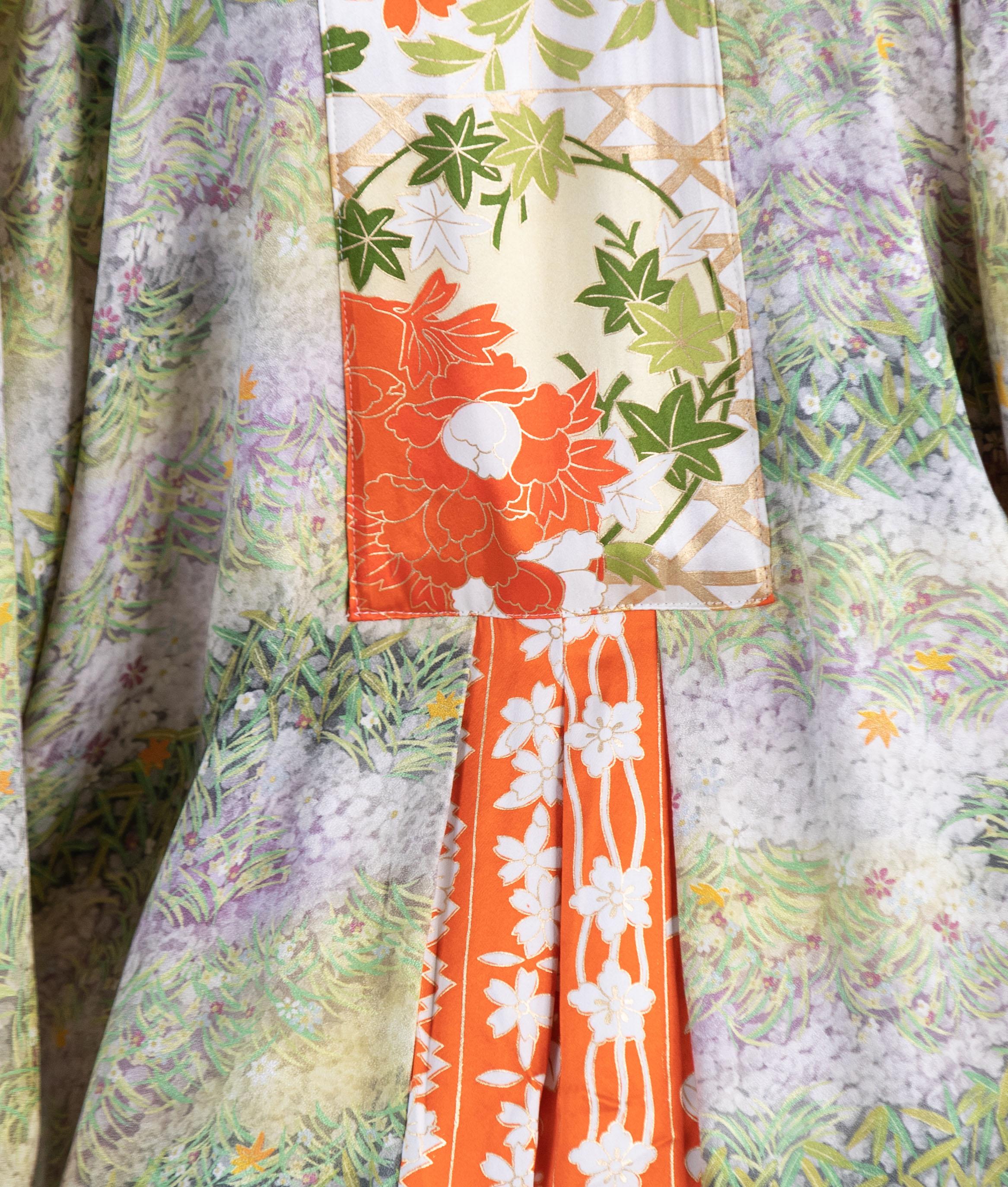 MORPHEW COLLECTION Grass Green Orange Japanese Kimono Silk Kaftan For Sale 6