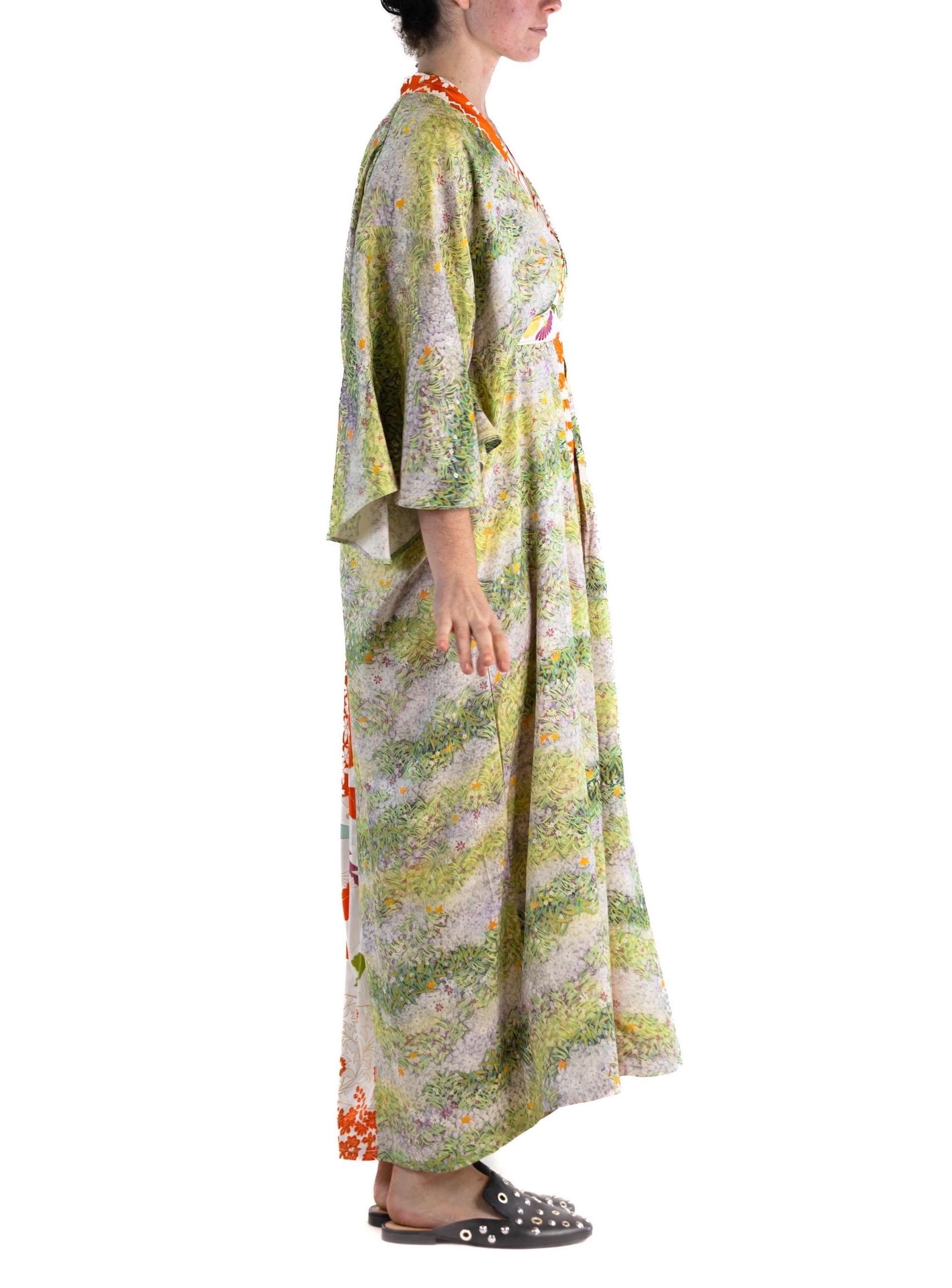 MORPHEW COLLECTION Grass Green Orange Japanese Kimono Silk Kaftan In Excellent Condition For Sale In New York, NY