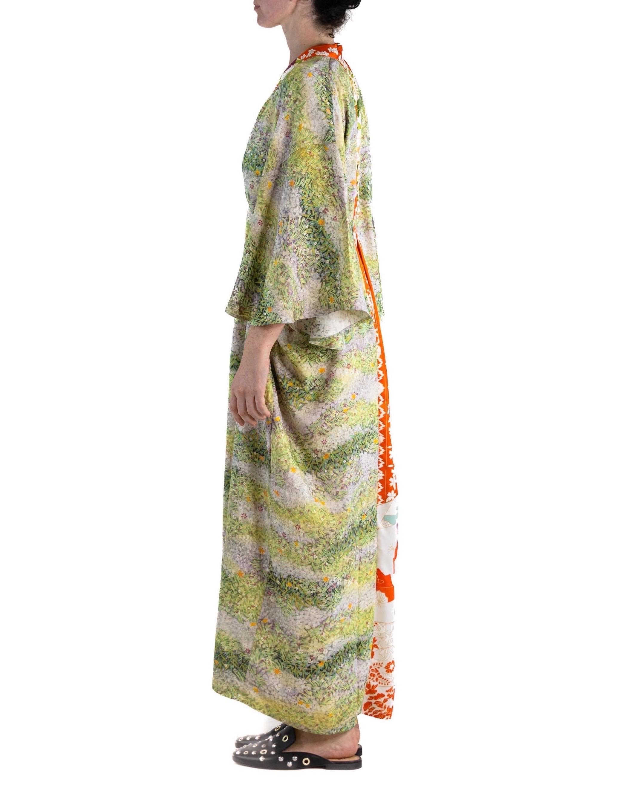 Women's or Men's MORPHEW COLLECTION Grass Green Orange Japanese Kimono Silk Kaftan For Sale